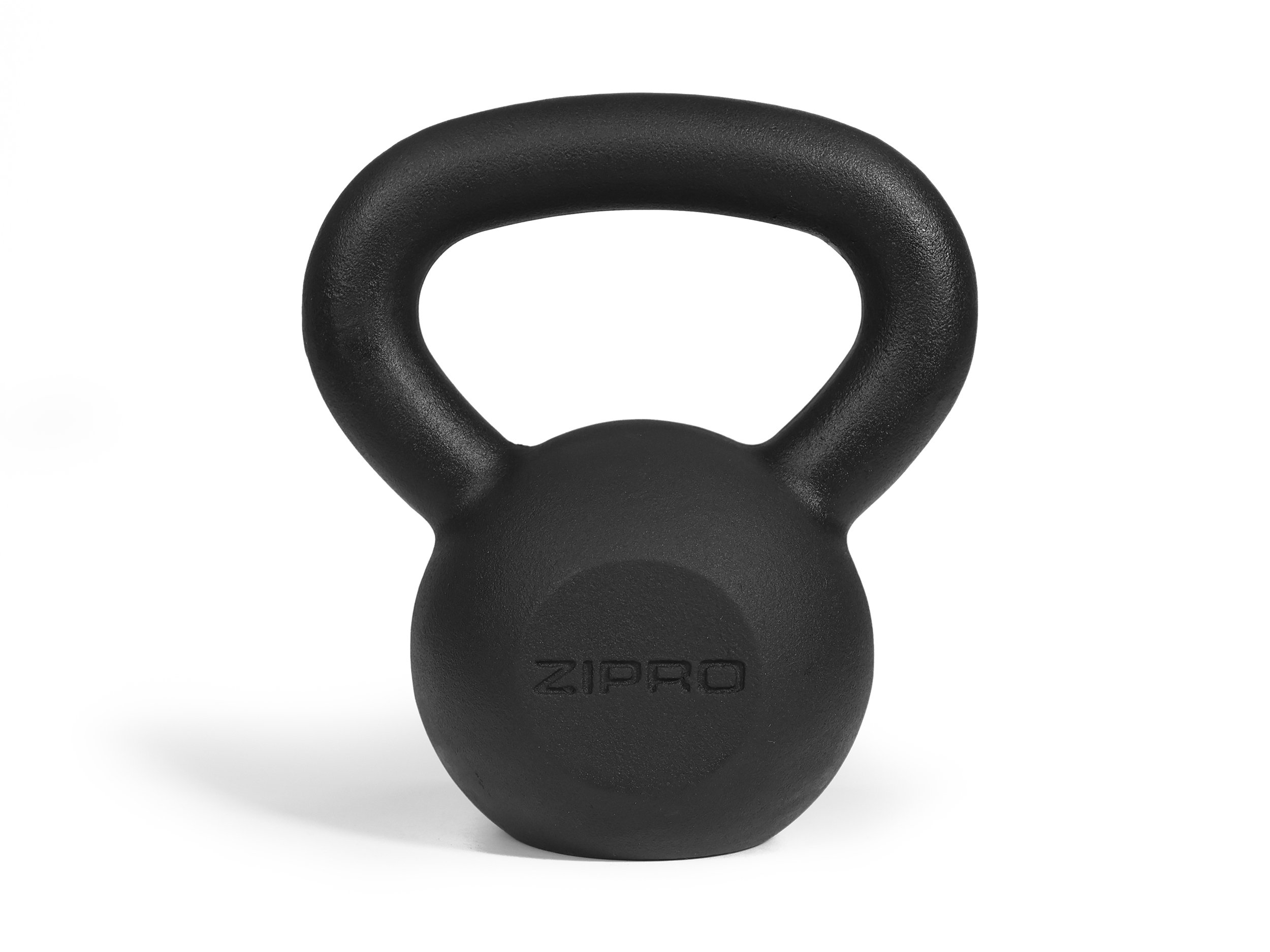 Schwarze Kettlebell mit dem Aufdruck ZIPRO. Die Kettlebell steht auf weißem Untergrund.