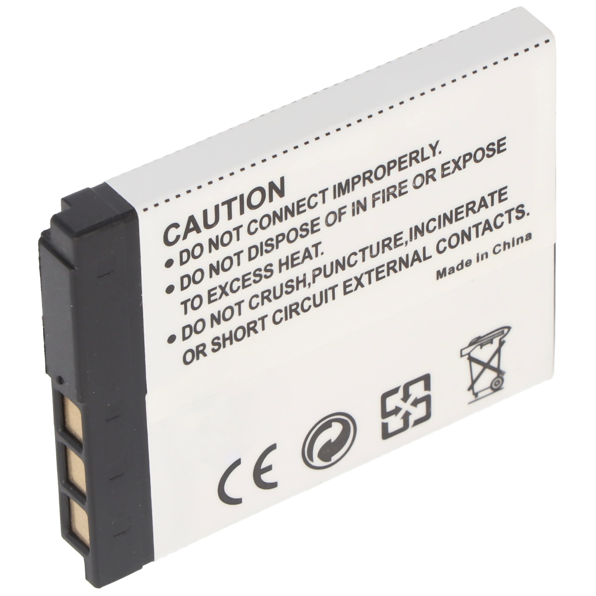 Weiße Batterie mit Warntext und Symbolen. Schwarz und Weiß. Vorsicht.