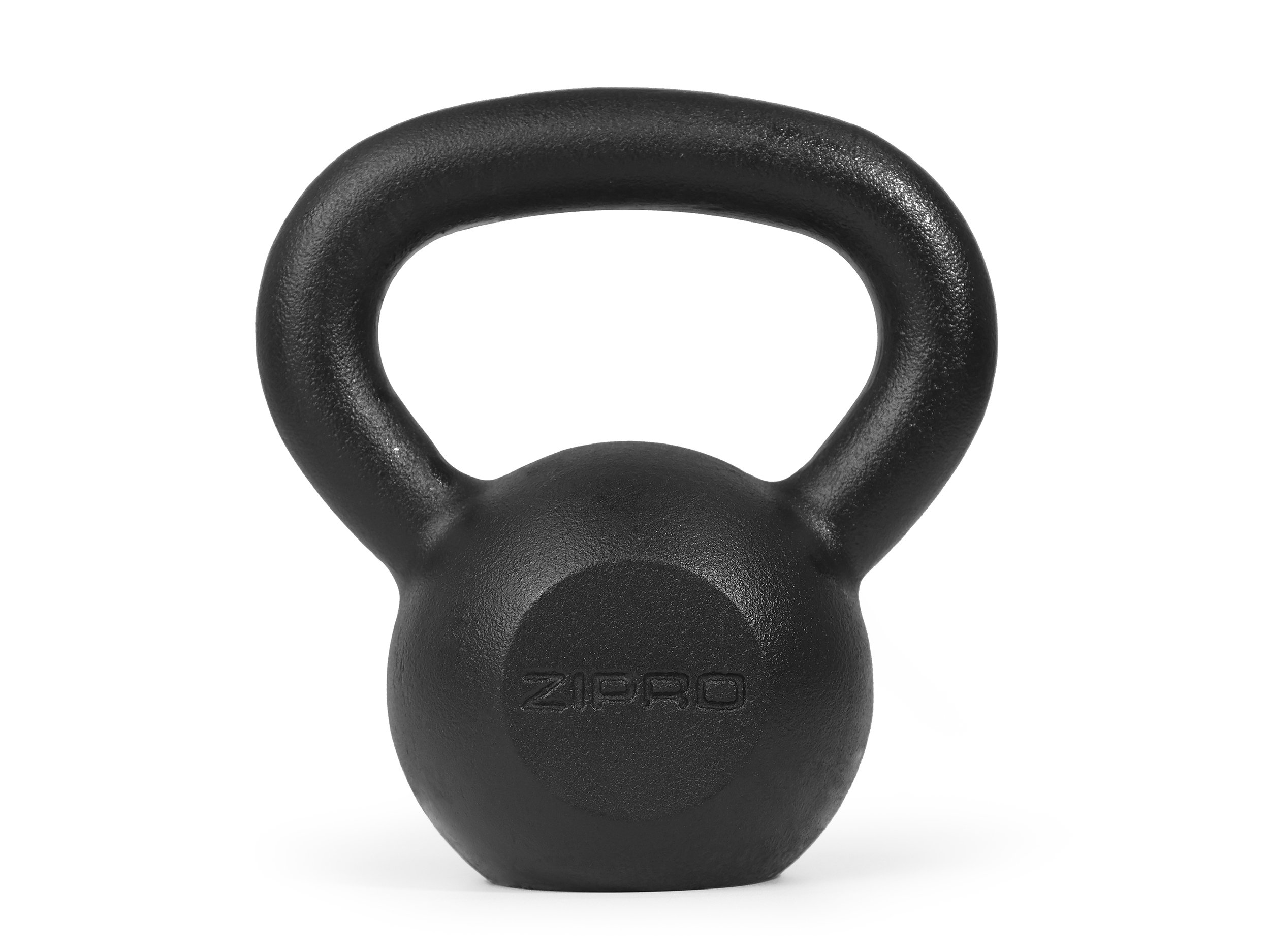 Schwarze Kettlebell. Rund mit einem Griff. ZIpro ist auf der Kettlebell aufgedruckt.