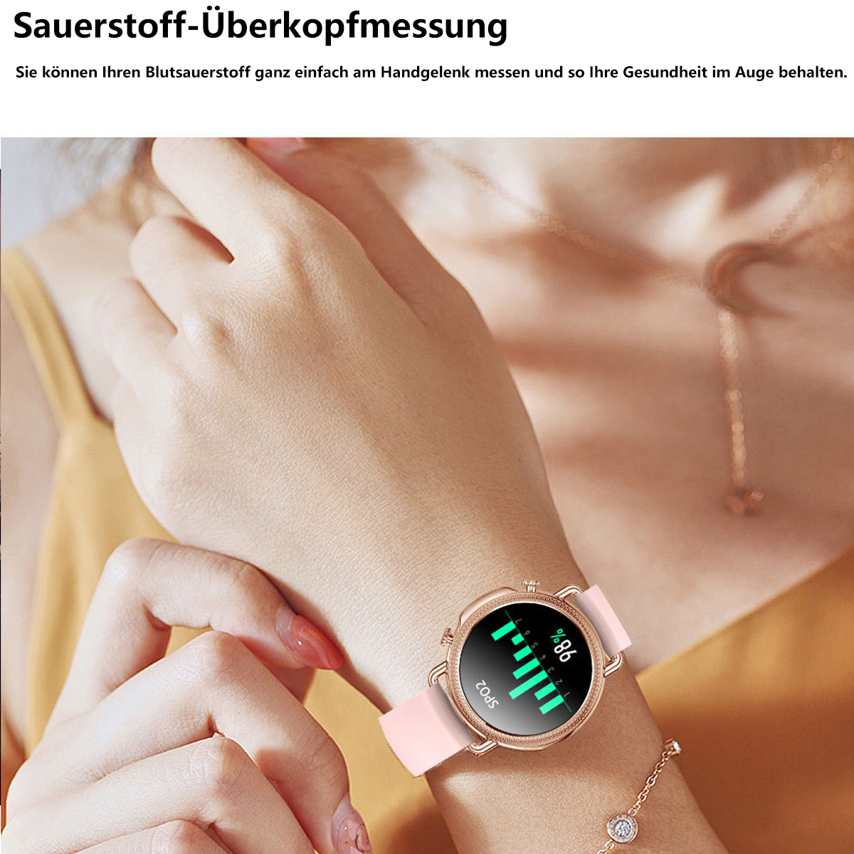 Eine Frau trägt eine rosa Smartwatch, die eine Anzeige auf dem Bildschirm zeigt. Hand sichtbar.