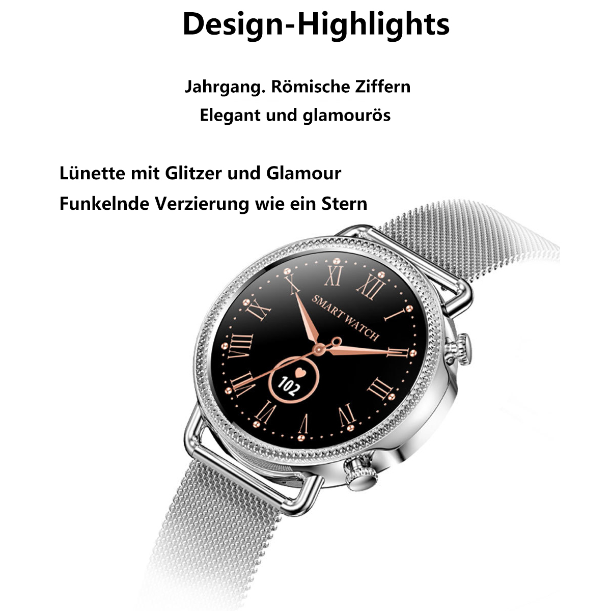 Eine silberne Smartwatch mit schwarzem Zifferblatt, römischen Ziffern und einer glitzernden Lünette auf weißem Hintergrund.
