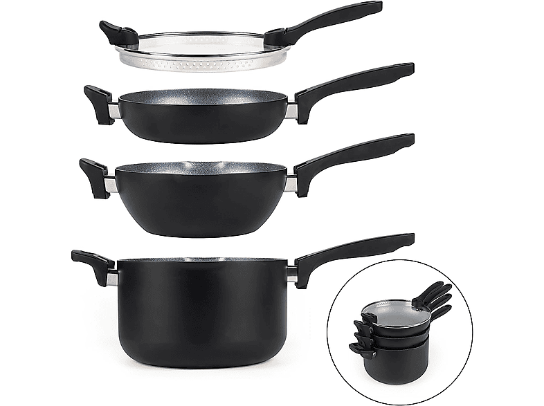 RUSSELL HOBBS 4-tlg Wok Kochtopf Bratpfanne Glasdeckel Induktion 24cm Pfannenset (Stahl, Beschichtung: Sonstige Beschichtung, 24 cm)