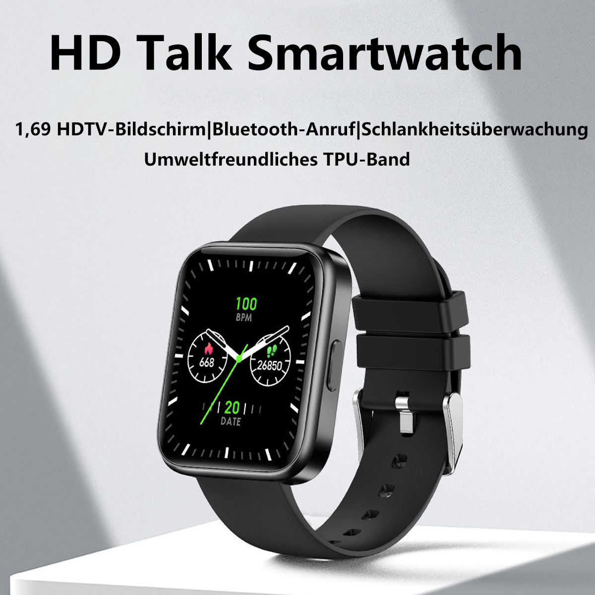 Schwarze Smartwatch mit quadratischem Bildschirm. Zeigt Daten wie Herzfrequenz und Datum an.