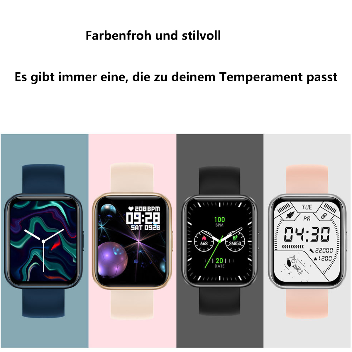 Vier Smartwatches mit unterschiedlich farbigen Armbändern und Displays, nebeneinander angeordnet.