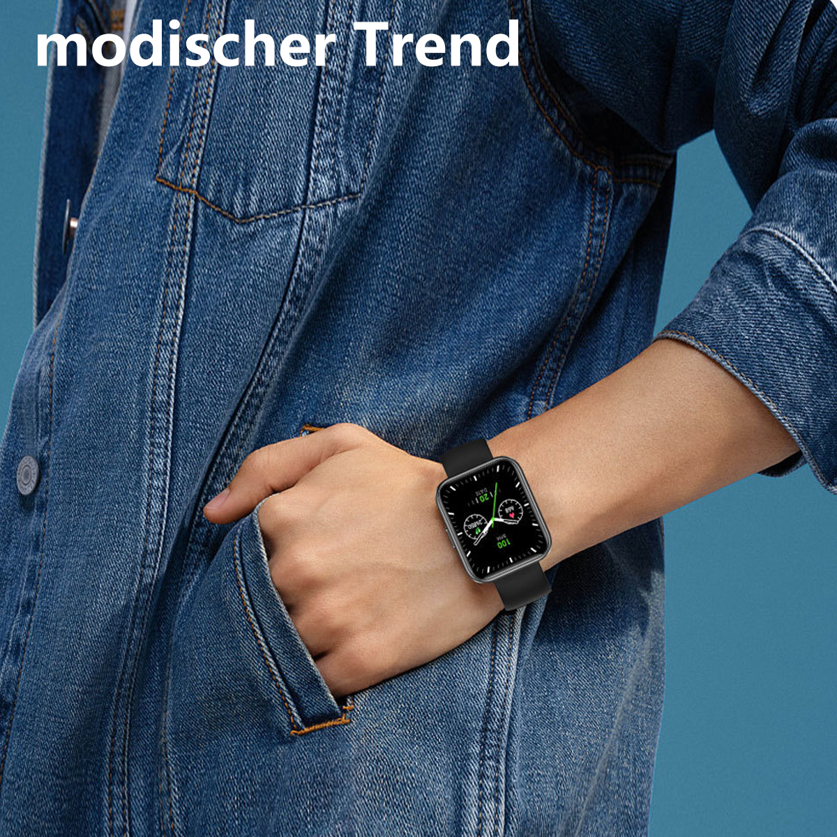 Mann in Jeansjacke mit Smartwatch mit schwarzem Armband.