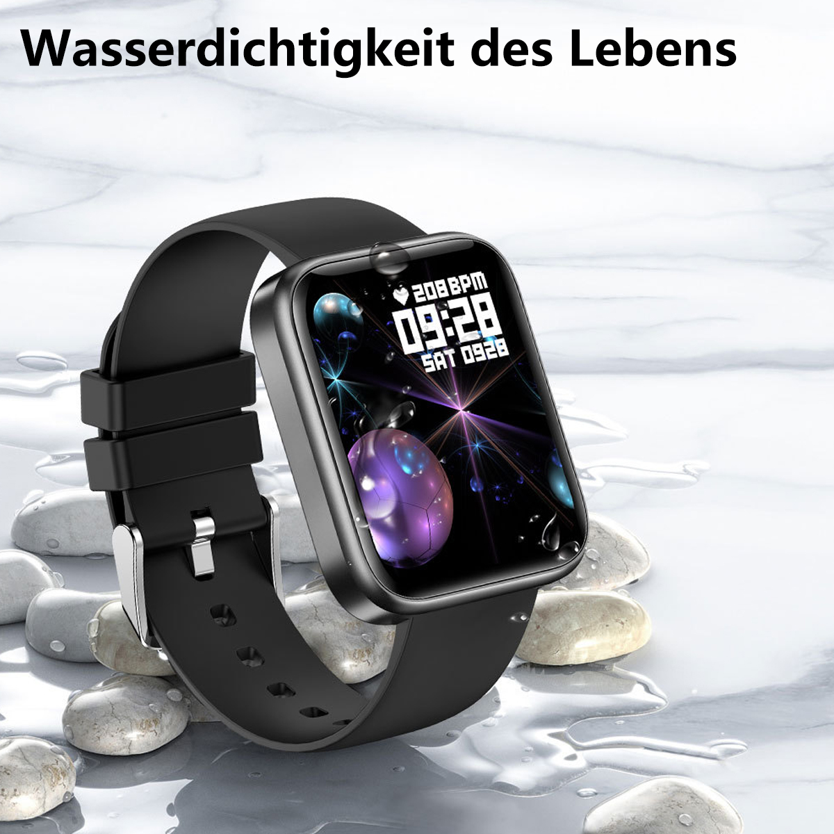Schwarze Smartwatch mit schwarzem Armband, zeigt Zeit und Gesundheitsmetriken. Wassertropfen auf dem Bildschirm.