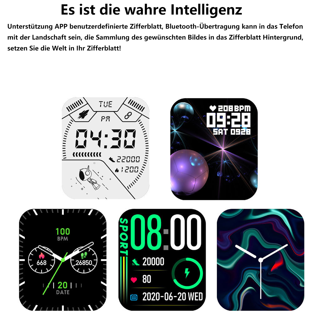 Smartwatch-Bildschirme, die verschiedene Oberflächen zeigen. Die Uhr zeigt Zeit, Herzfrequenz und Datum an.