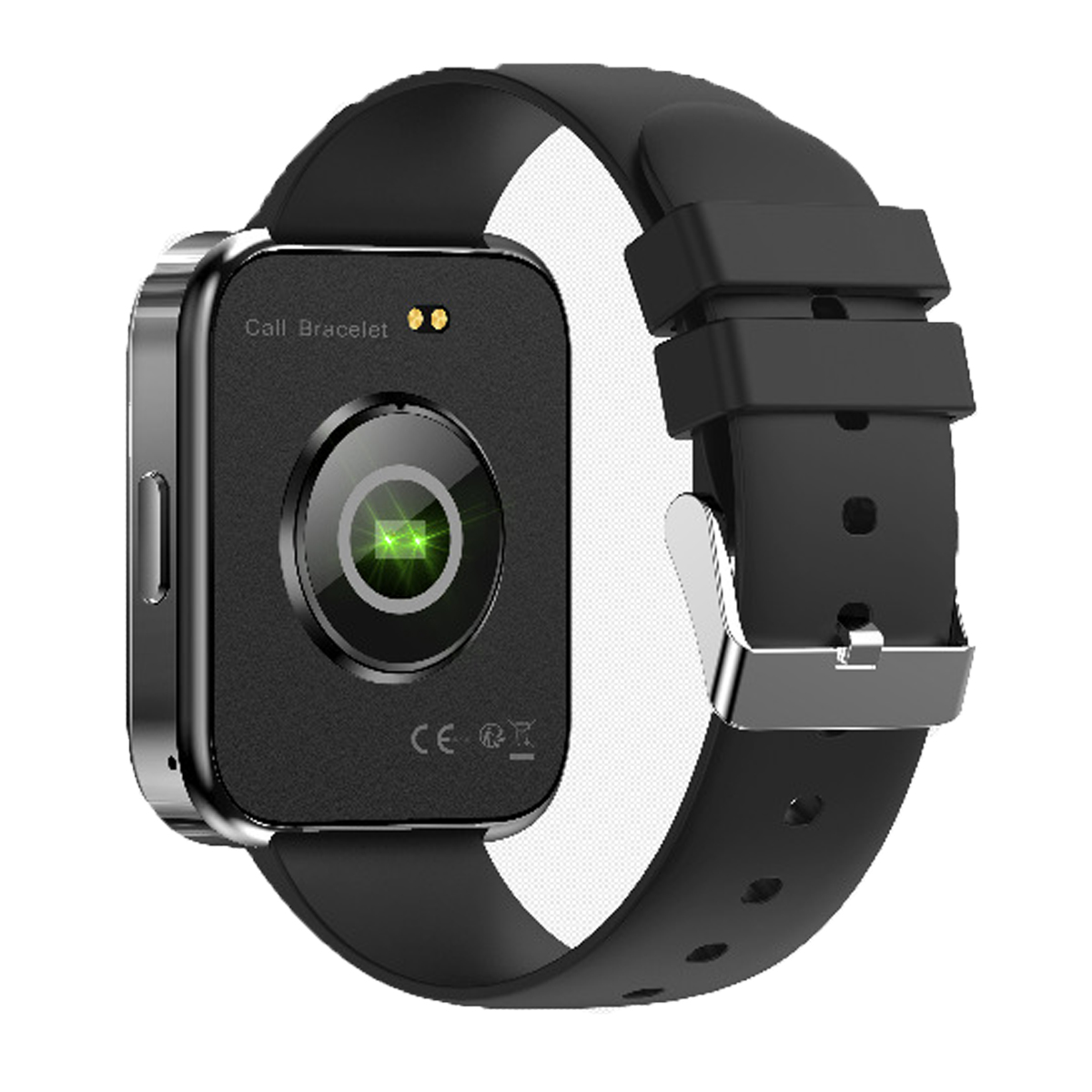 Schwarze Smartwatch mit schwarzem Armband. Hat einen Herzfrequenzsensor und einen Knopf.