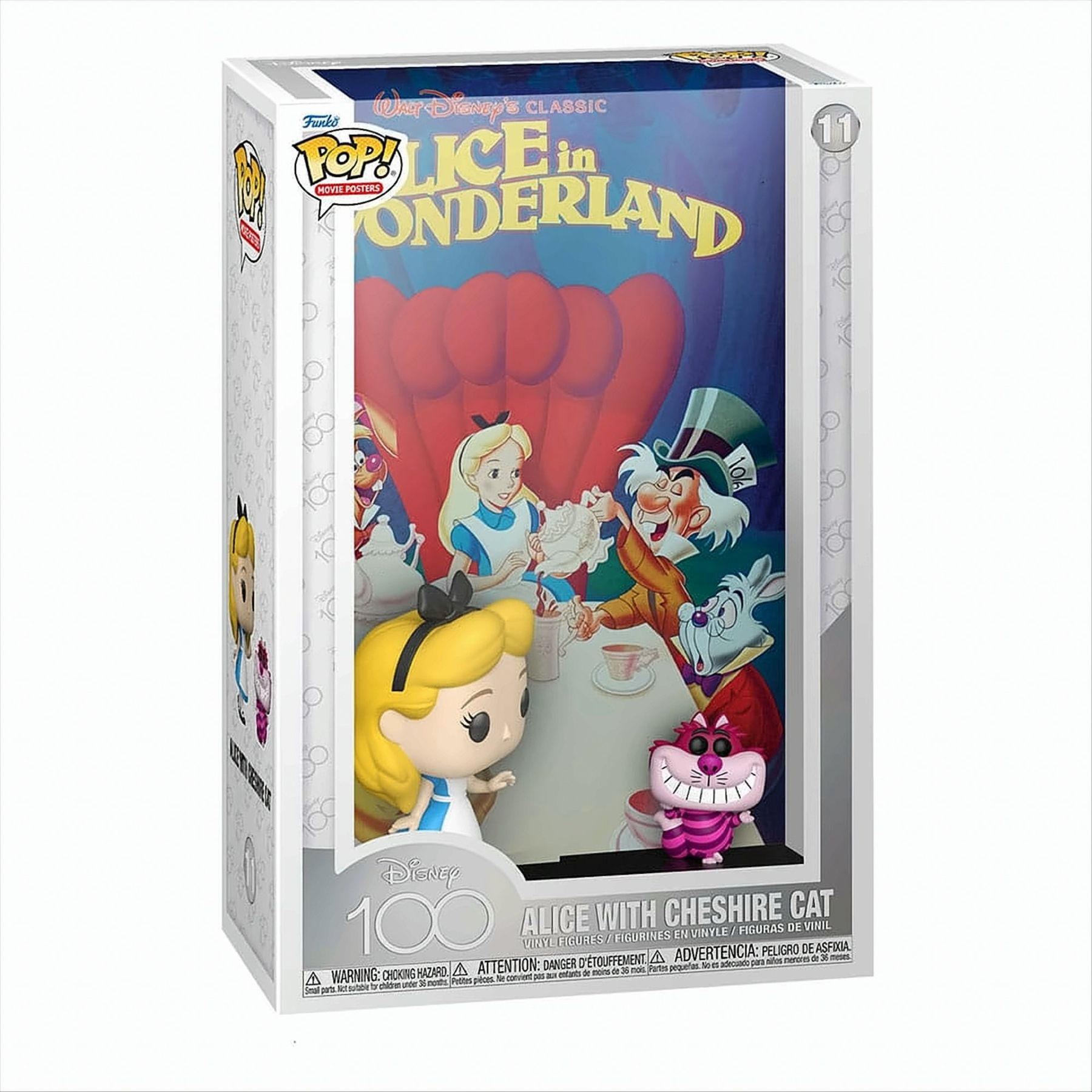 Una scatola Funko Pop che mostra una scena di Alice nel Paese delle Meraviglie Disney con Alice e lo Stregatto.