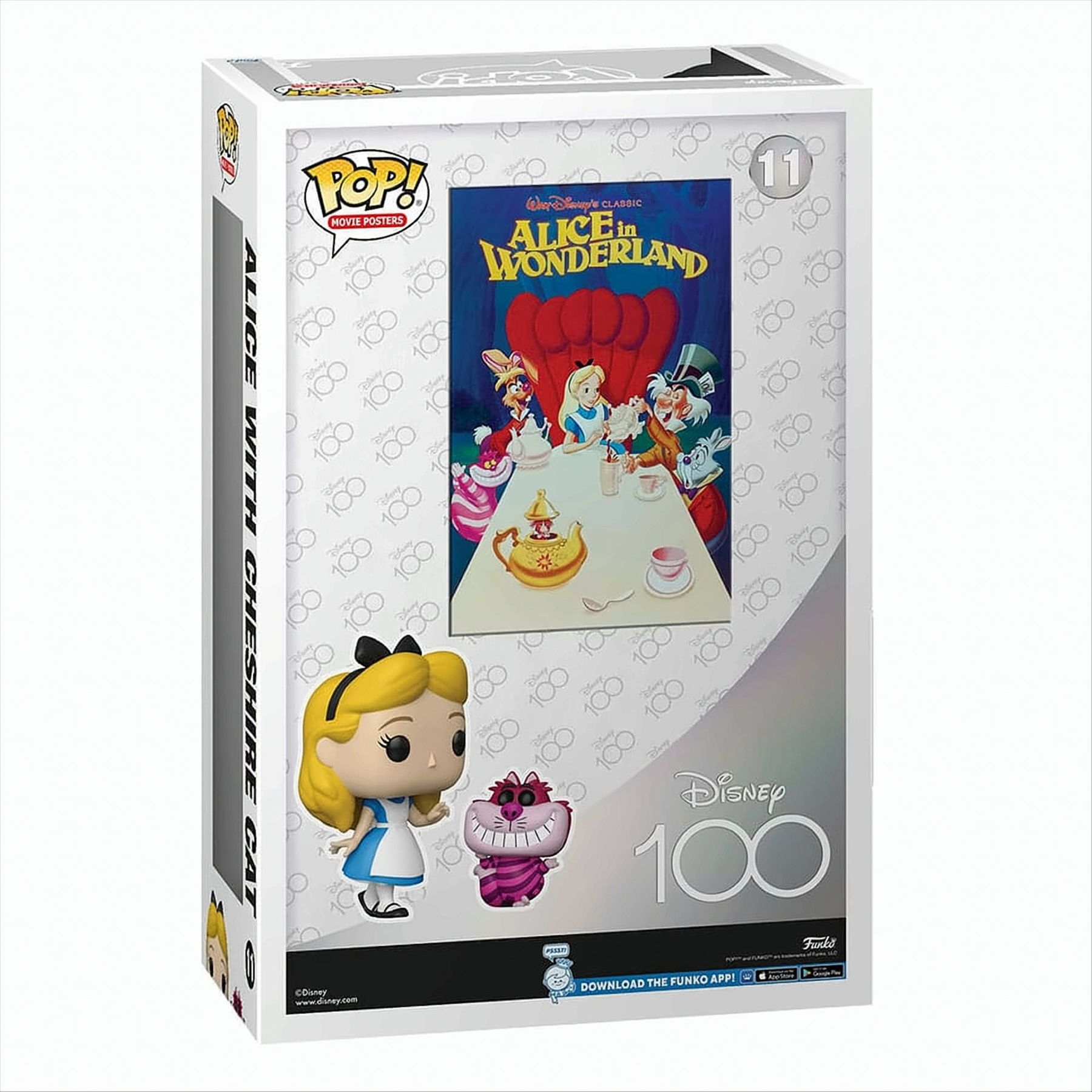 Una scatola Funko Pop con personaggi di Alice nel Paese delle Meraviglie. La scatola è bianca con immagini e testo.