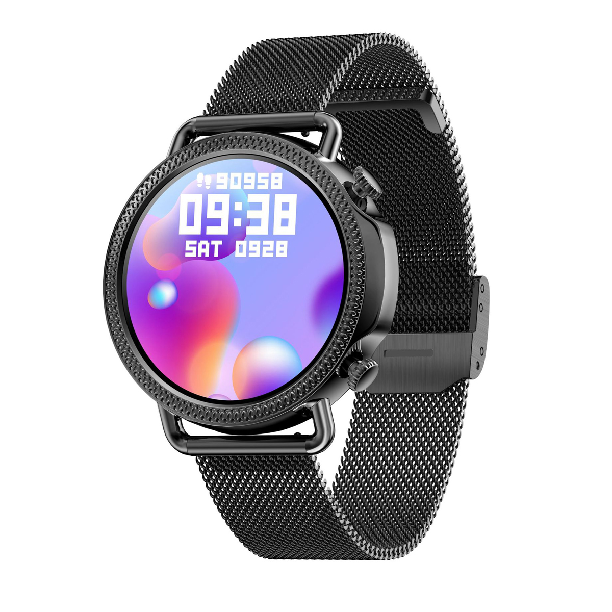 Schwarze Smartwatch mit rundem Zifferblatt. Zeigt 09:38 und Sa 0928 an. Schwarzes Armband.