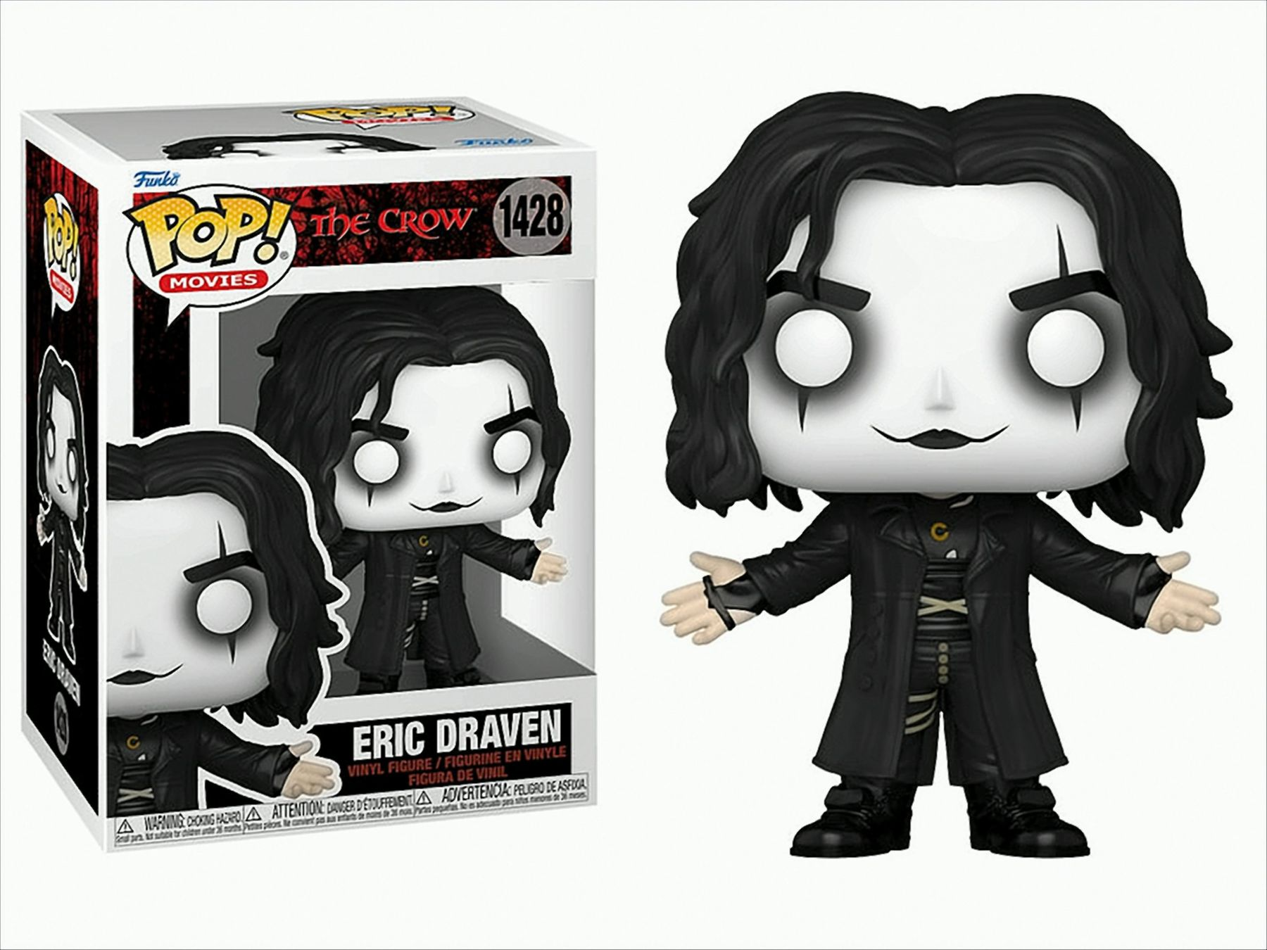 Figura Funko Pop di Eric Draven da The Crow, in scatola. Viso bianco, capelli neri e cappotto. Sfondo bianco.