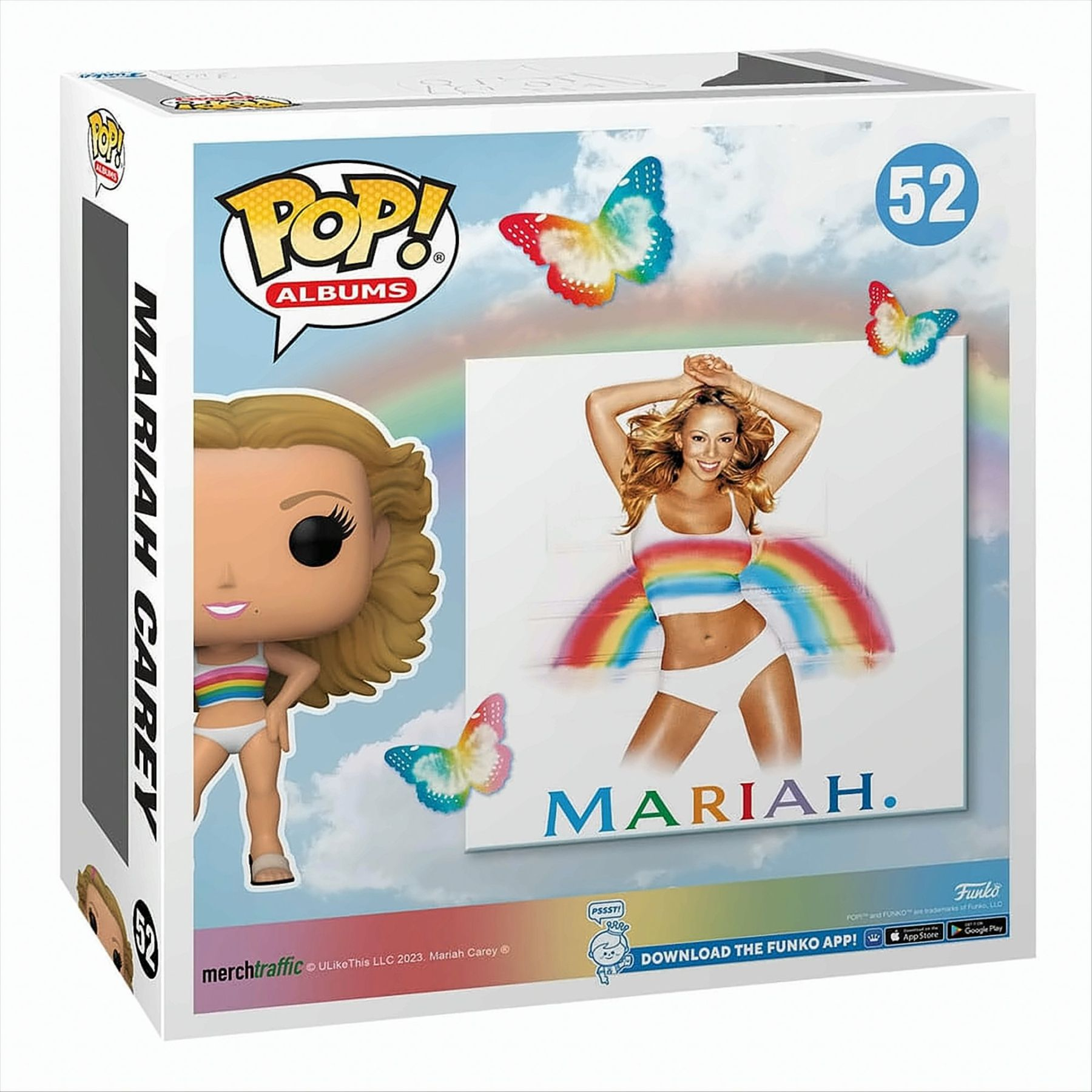 Scatola Pop! Albums di Mariah Carey. Figura di Mariah Carey, copertina dell'album e farfalle.