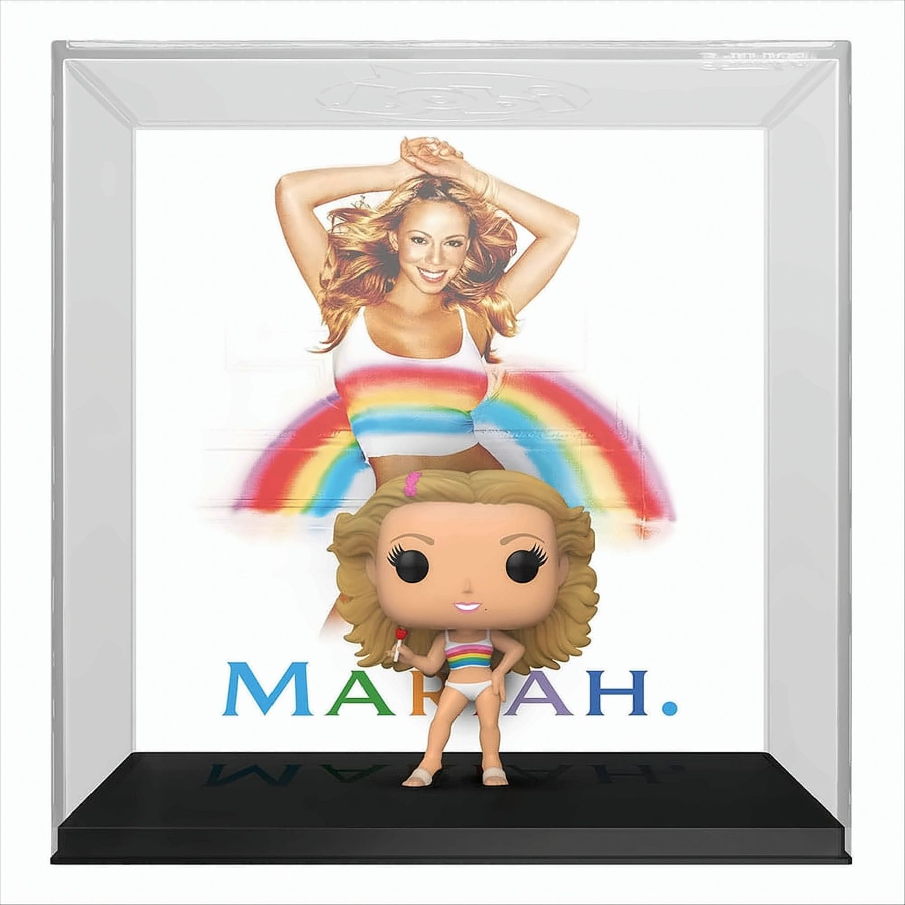 Funko Pop di Mariah Carey in vetrina. Sfondo arcobaleno, parola Mariah.