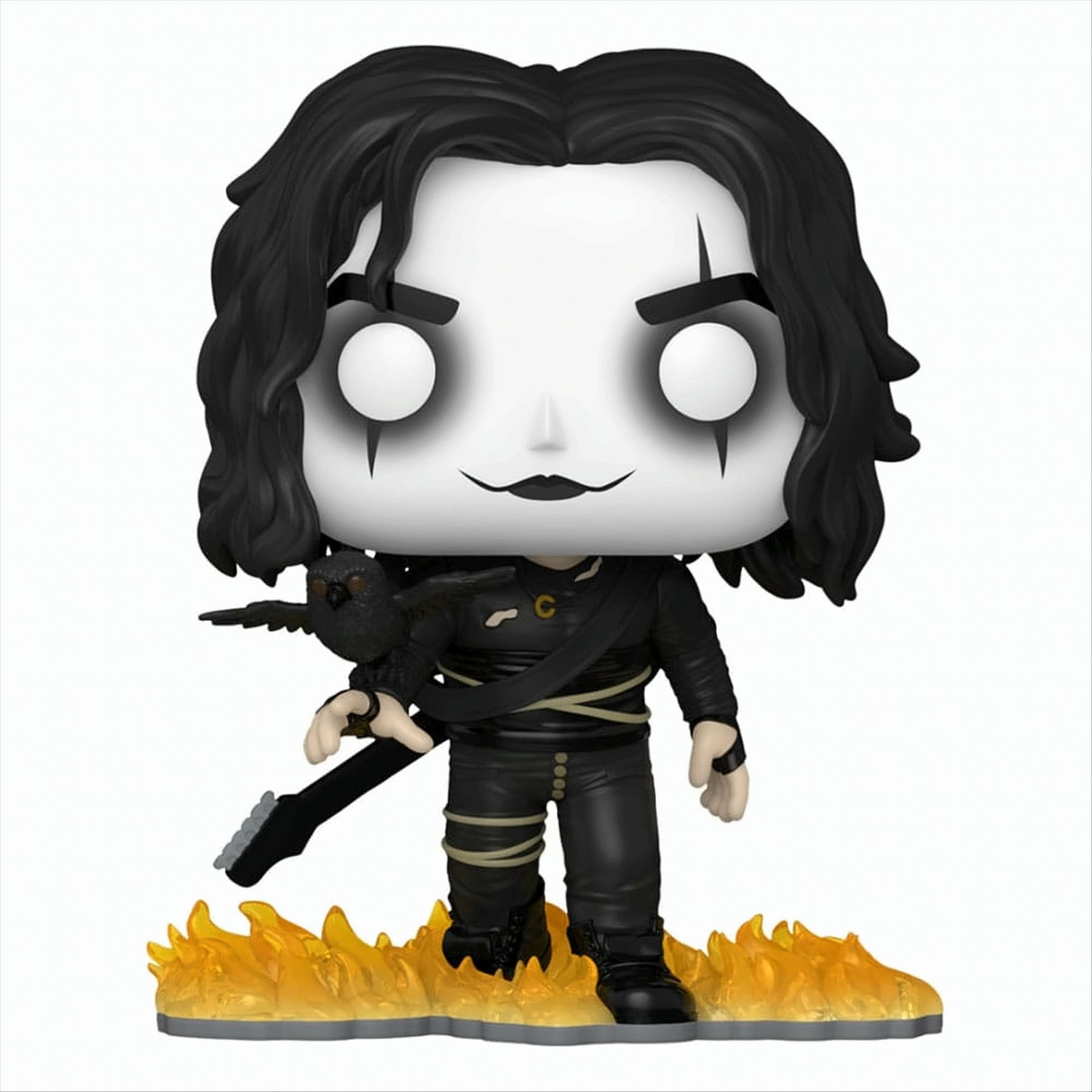 Eine Funko Pop-Figur von The Crow, mit schwarzen Haaren und einer Krähe auf der Schulter.
