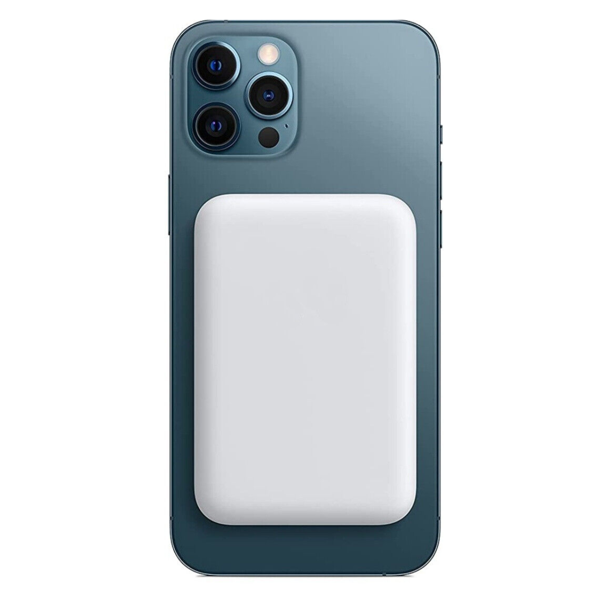 Ein Telefon mit einem weißen Ladepad. Das Telefon ist blau, und das Pad ist weiß und quadratisch.