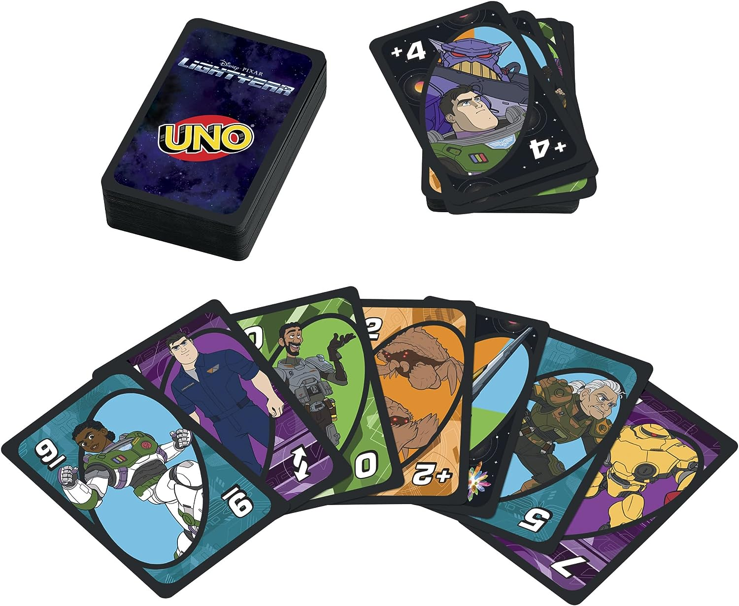 Uno Lightyear Kartenspiel. Ein Stapel Karten und eine Hand mit Buzz Lightyear und anderen Charakteren.