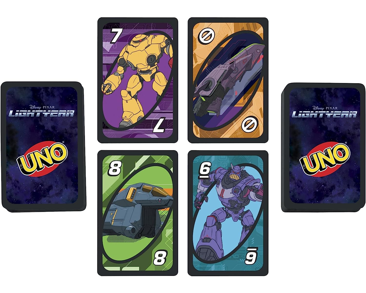 Uno Lightyear Kartenspiel mit verschiedenen Charakterkarten, darunter Lightyear und Raumschiffe.