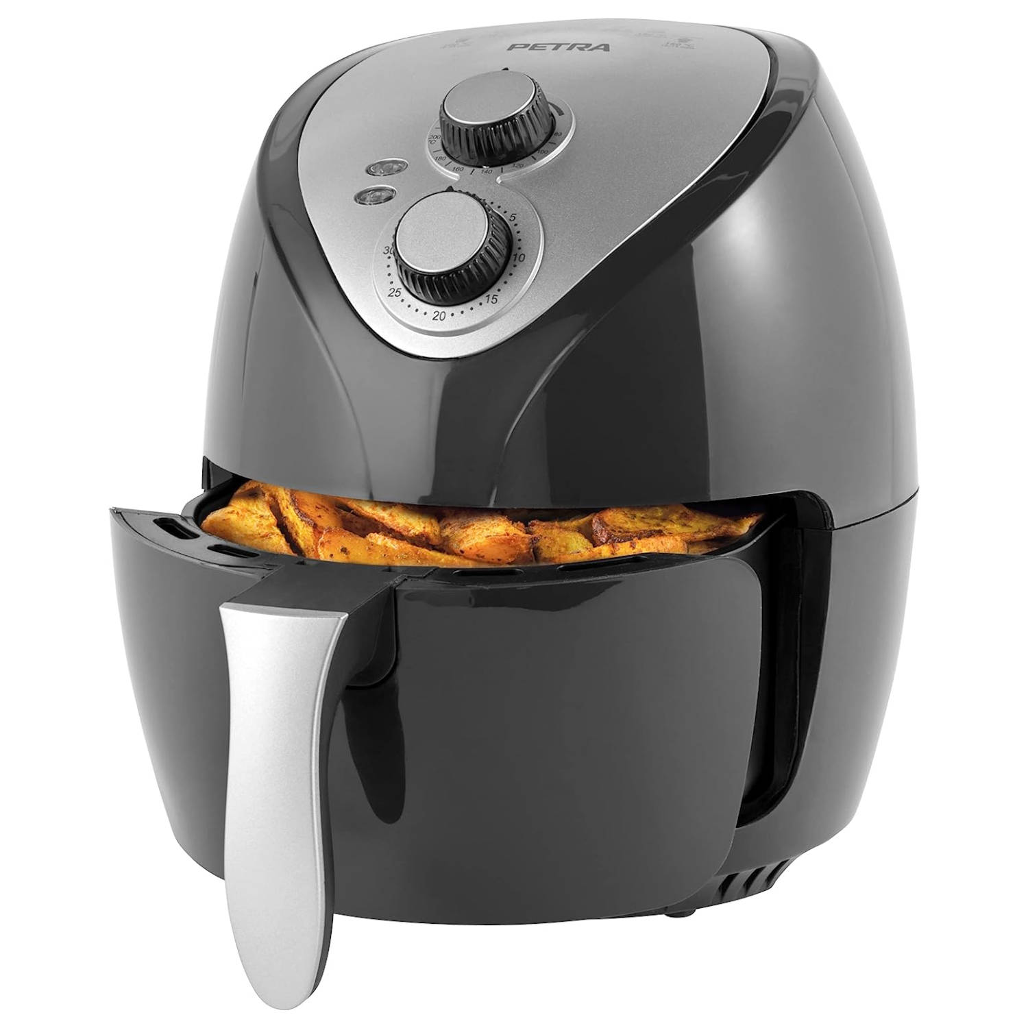 Schwarze Heißluftfritteuse, offen mit Frittiertem, Bedienelemente oben.