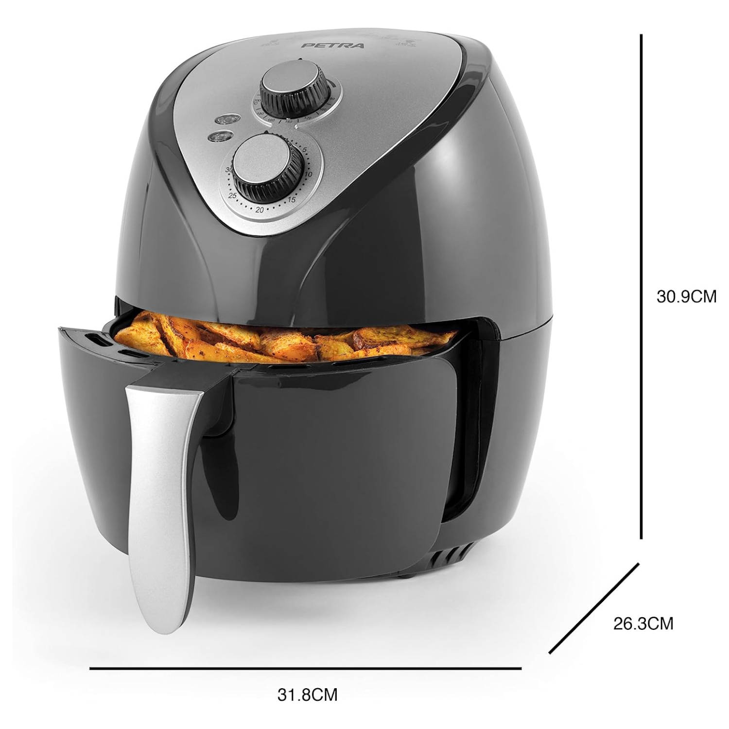 Friggitrice ad aria nera con manico argentato, aperta per rivelare cibo cotto, con dimensioni.