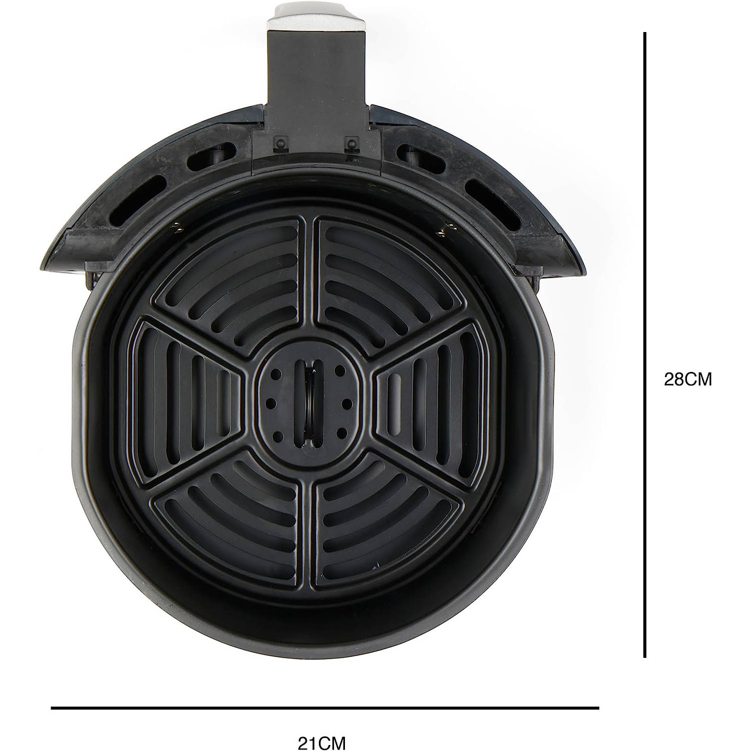 Cestello per friggitrice ad aria nero. Ha forma circolare con maniglia sopra e dimensioni 21cm x 28cm.