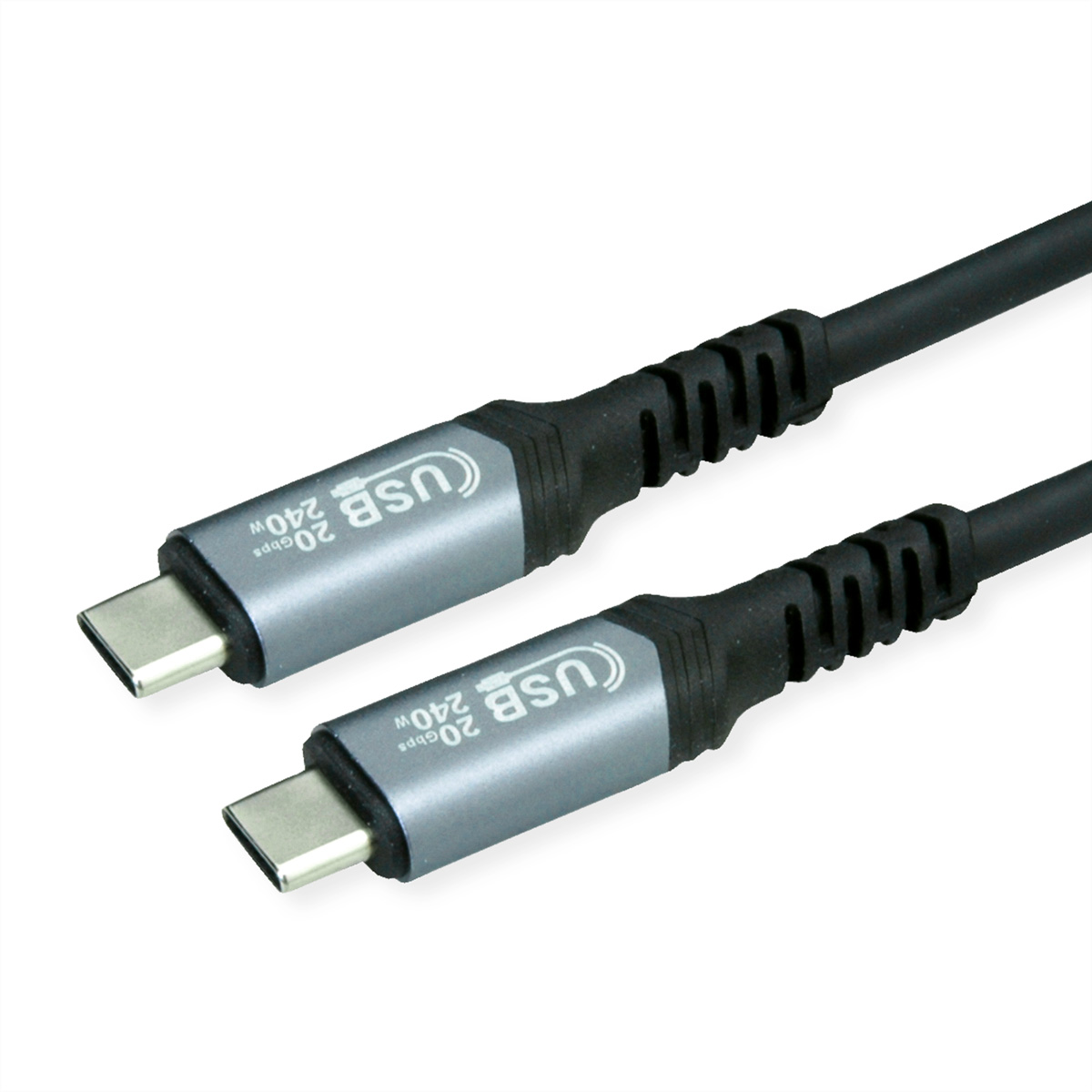 Due cavi USB-C con connettori argentati e cavo nero.