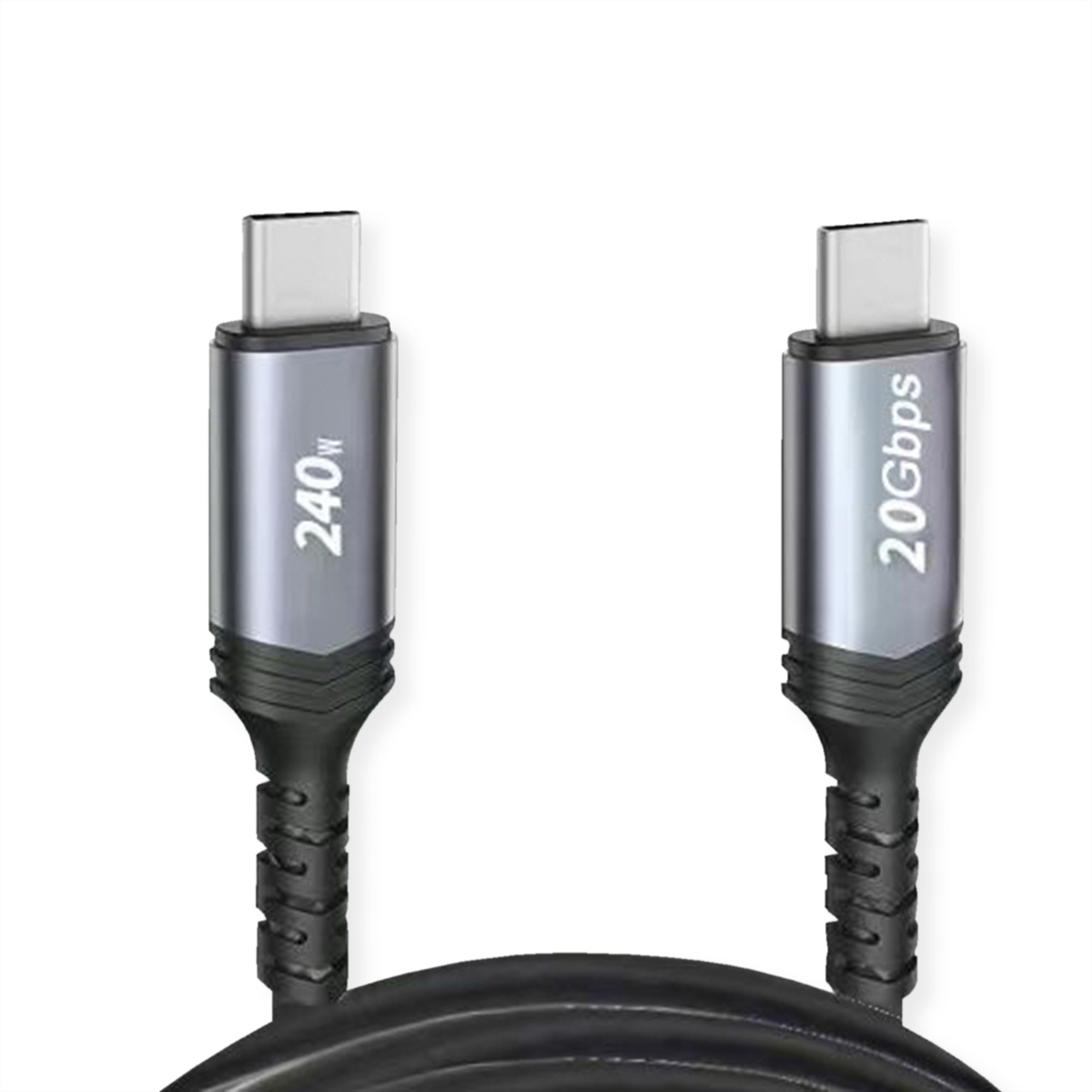 Due cavi USB-C con estremità metalliche e cavo nero. Un'etichetta è 240W, un'altra 20Gbps.