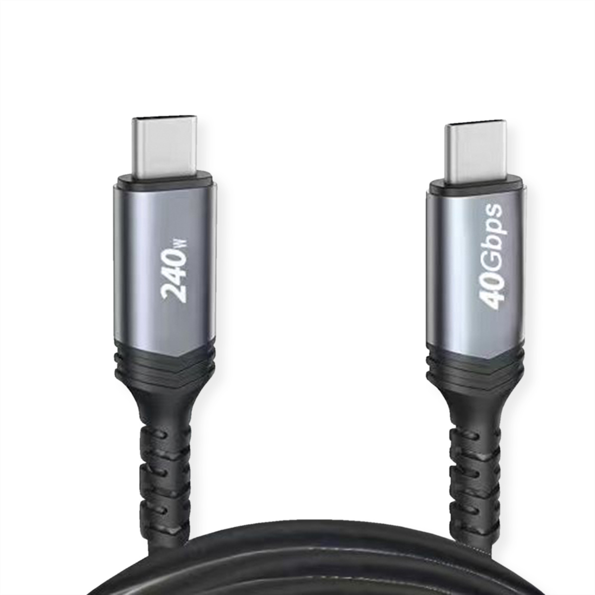 Twee USB-C-kabels, één met '240W' en de andere '40Gbps'. Zwarte kabel.