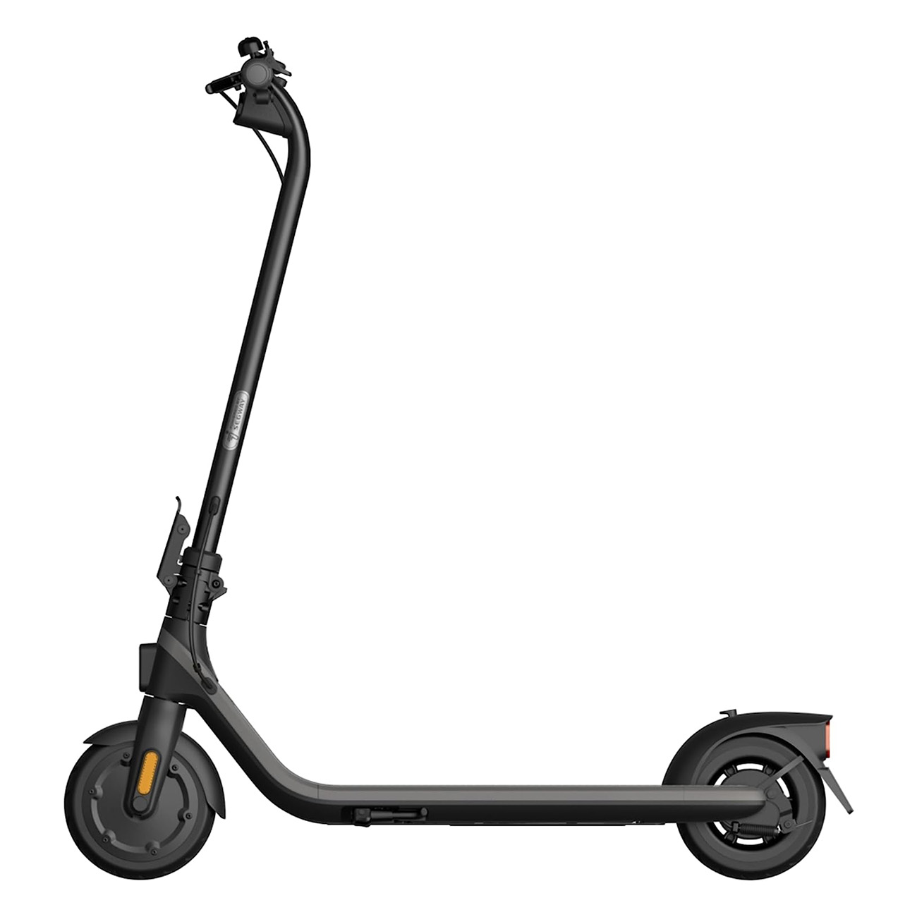 Un patinete eléctrico negro con manillar curvo y faro.