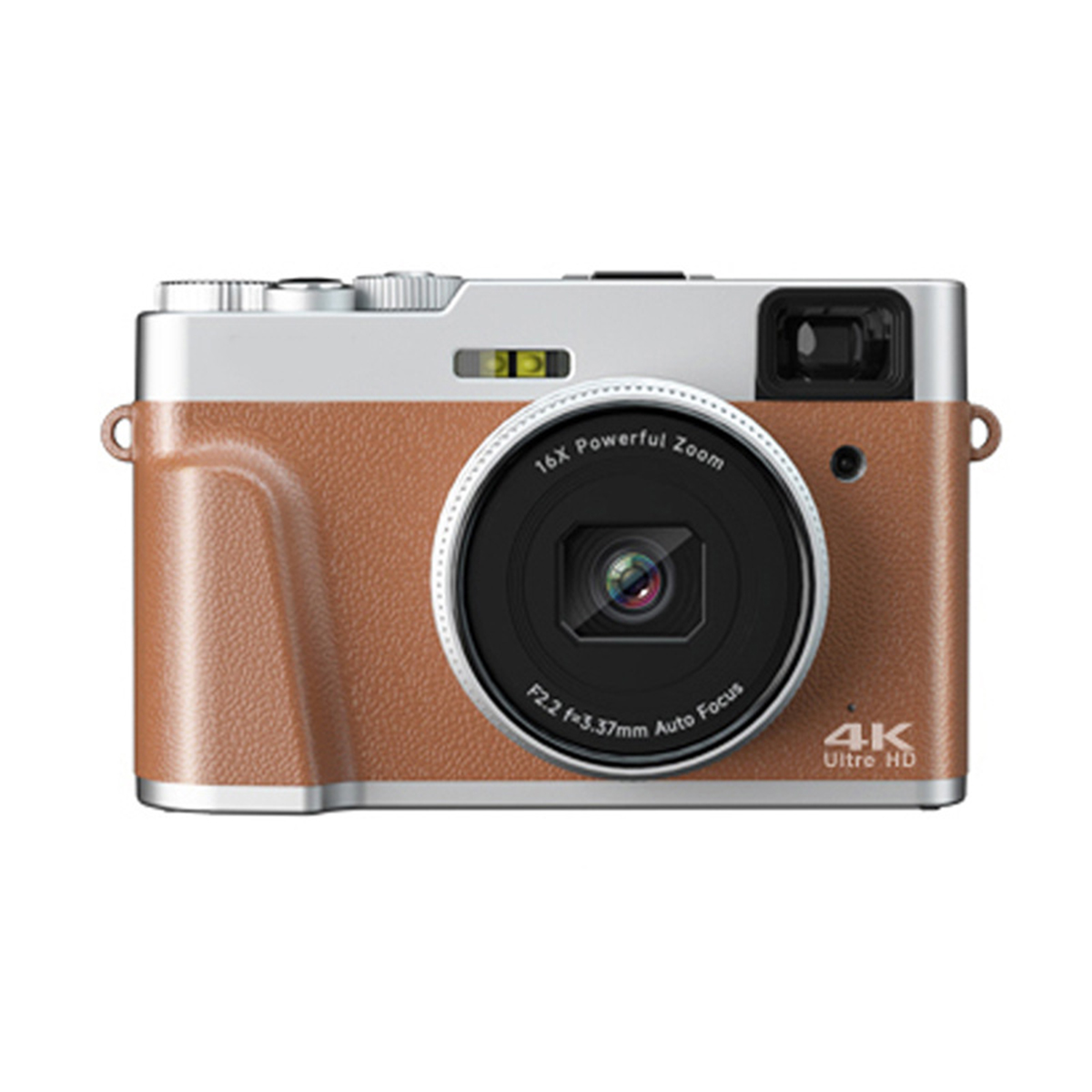 Eine braune und silberne Digitalkamera. Sie hat ein Objektiv und Knöpfe. 4K Ultra HD ist sichtbar.