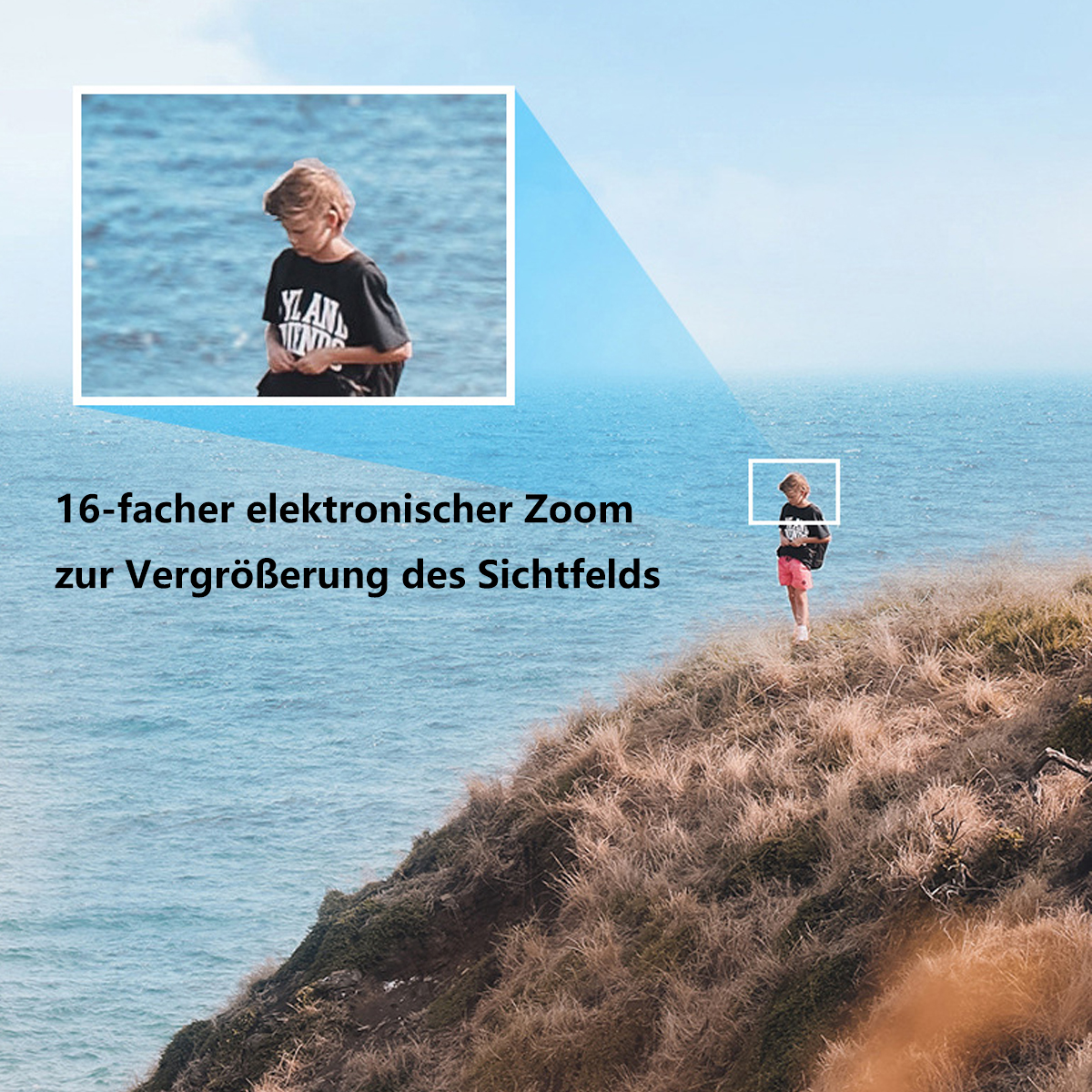 Junge auf Klippe am Meer, gezoomt. Das Meer ist blau.