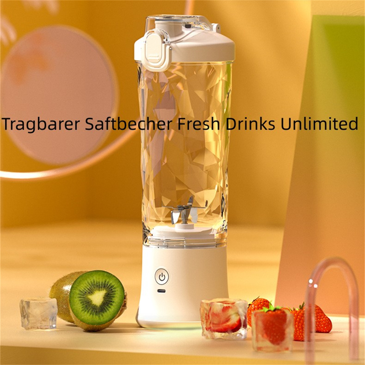 Weißer und klarer Mixer mit Obst, Eiswürfeln und Text.