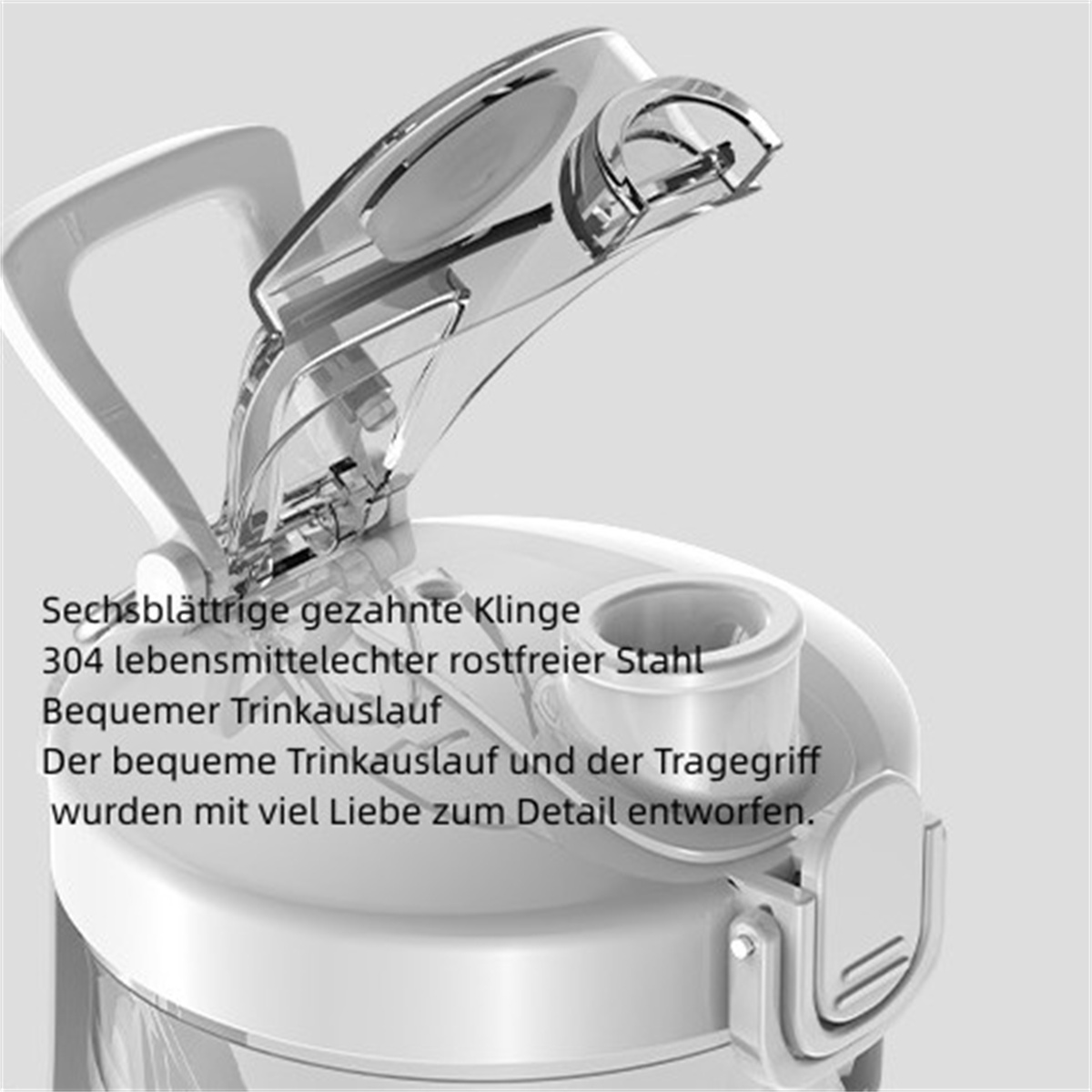 Nahaufnahme eines Wasserflaschendeckels mit einem durchsichtigen Kunststoff-Klappdeckel, der einen Trinkauslauf zeigt.