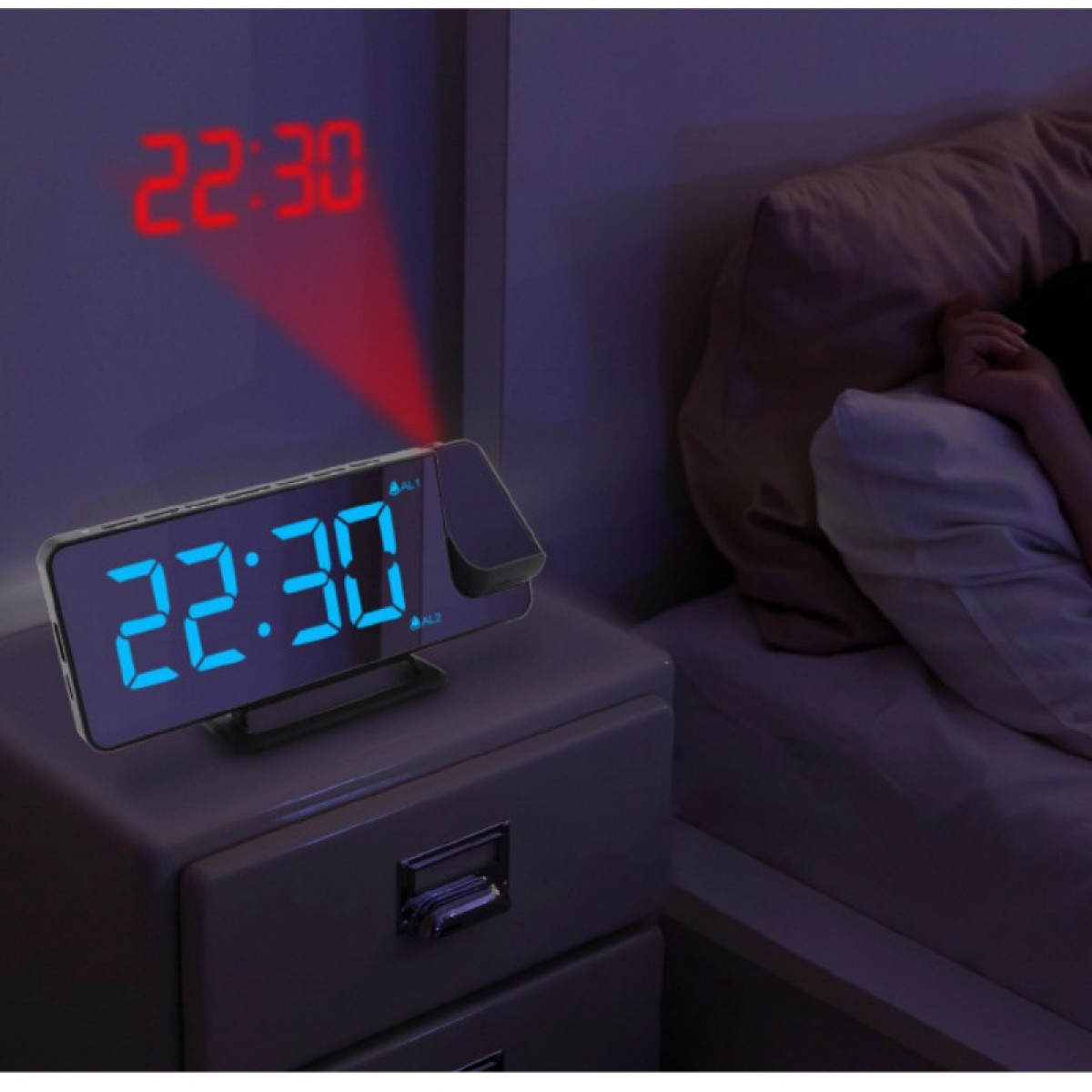 INF Wecker mit RGB-LED, Digitaler um Wecker 180° drehbare Projektoruhr