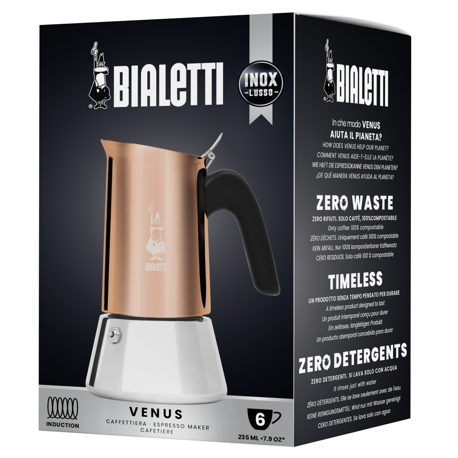 Pudełko z miedzianym i srebrnym ekspresem do kawy w środku. Tekst i logo na pudełku. Białe tło.