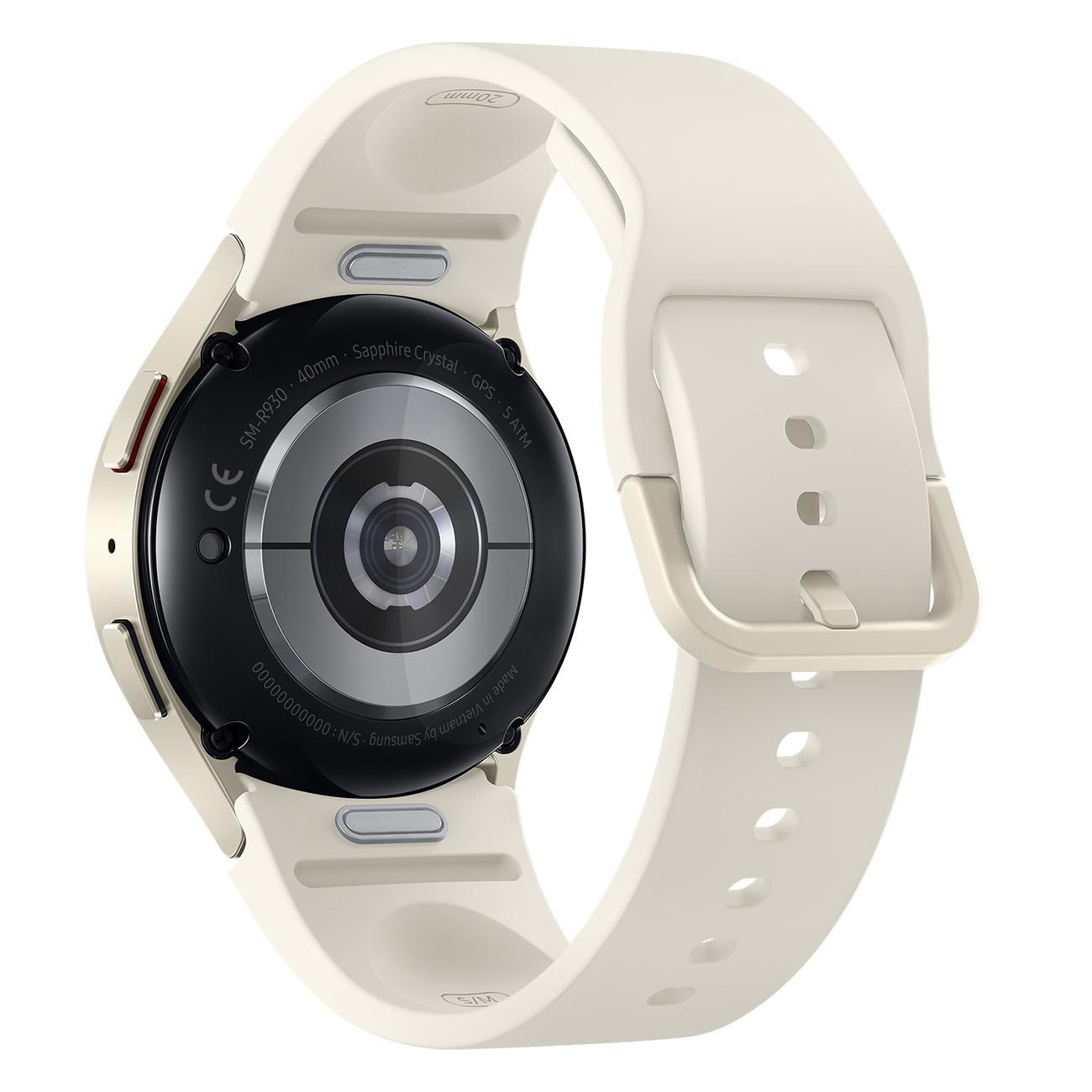 Retro di smartwatch bianco con cinturino color crema. Dettagli: sensori e info marchio.