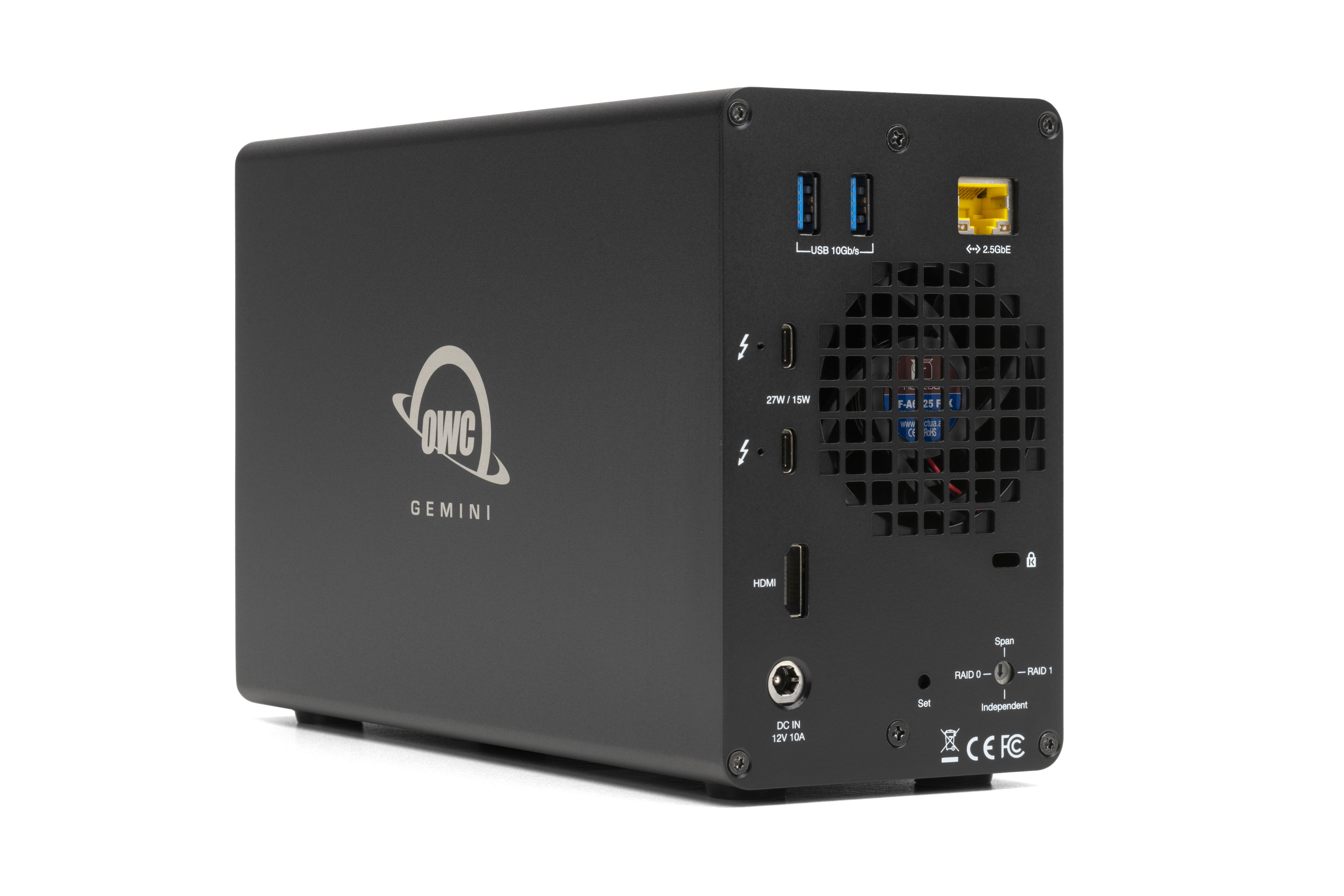 Czarny zewnętrzny dysk twardy z wieloma portami i logo.