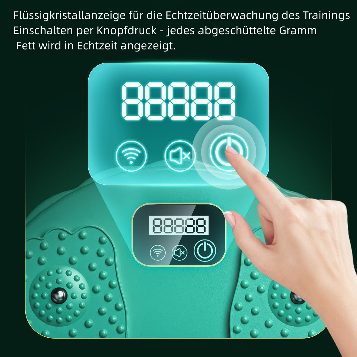Eine Hand berührt ein digitales Display, das Zahlen, Symbole und einen Power-Knopf zeigt.