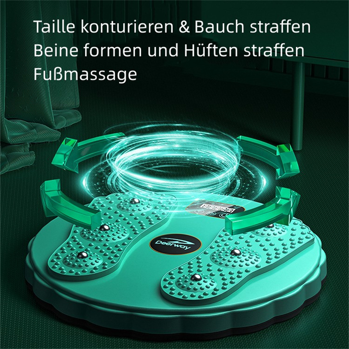 Türkisfarbener Fußmassager mit rotierenden Scheiben, Pfeilen und Digitalanzeige. Text oben auf Deutsch.