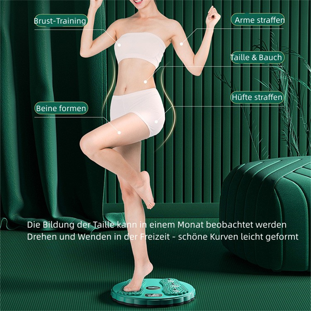 Eine Frau in Sportkleidung steht auf einem Drehbrett, mit diagrammierten Körperbereichen.