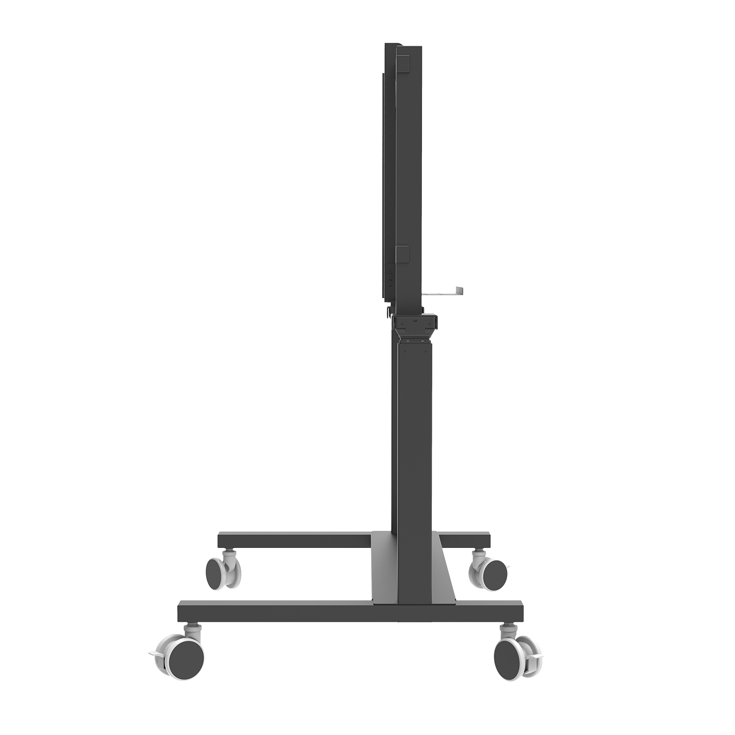 Schwarzer rollender TV-Ständer. Er hat einen Bildschirm, eine Basis und vier Räder.