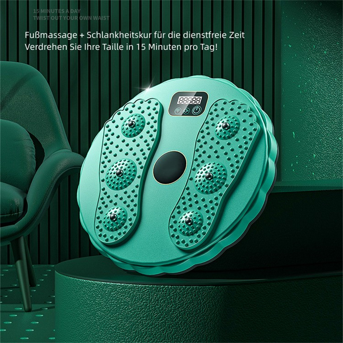 Grüner Fußmassager. Zwei fußförmige Plattformen mit Massagepunkten und Digitalanzeige.