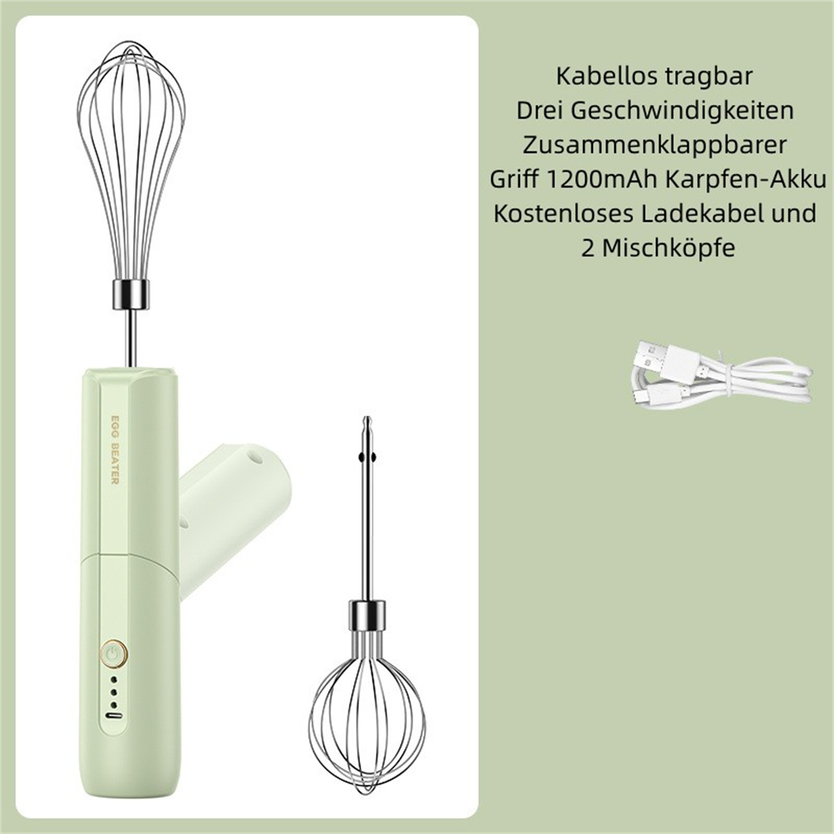 Ein kabelloser Eierquirl mit zwei Schneebesenaufsätzen und einem USB-Ladekabel.