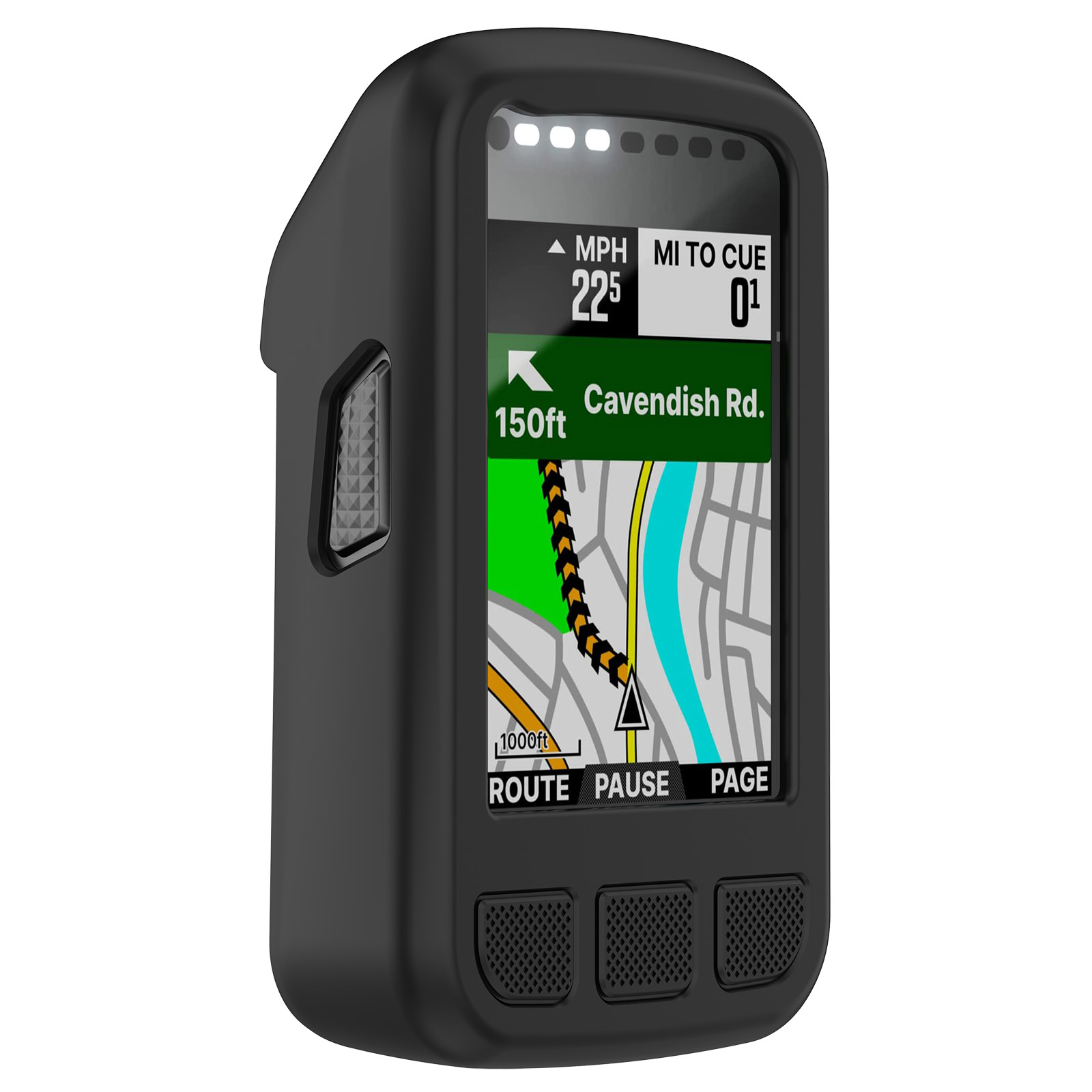 Ein schwarzes GPS-Gerät zeigt eine Karte mit Straßennamen und Navigationsinformationen.