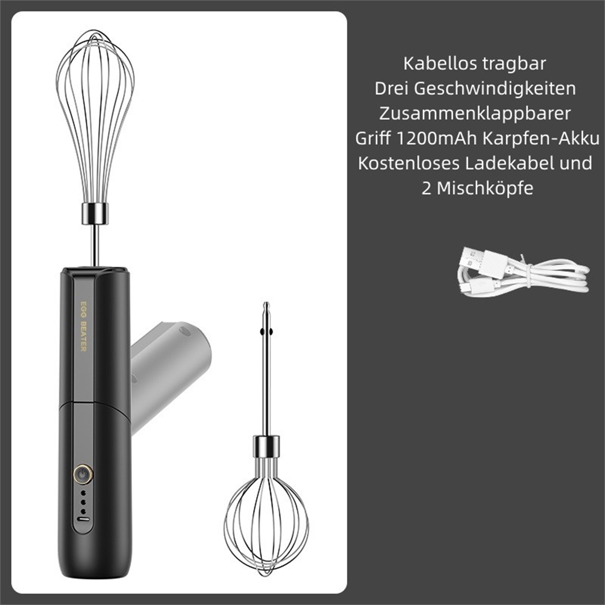 Ein kabelloser Eierschläger mit zwei Schneebesen, einem Ladekabel und einem schwarzen Gehäuse.