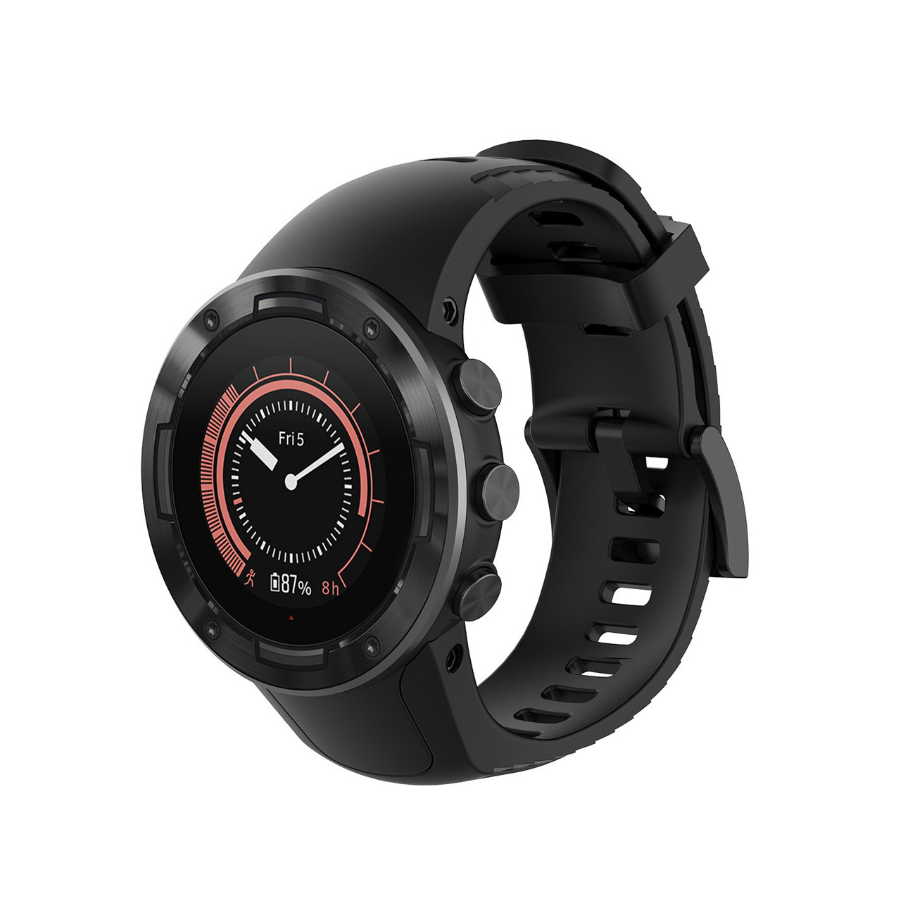 Schwarze Smartwatch mit rundem Display und schwarzem Armband. Zeigt Zeit und Gesundheitsdaten.