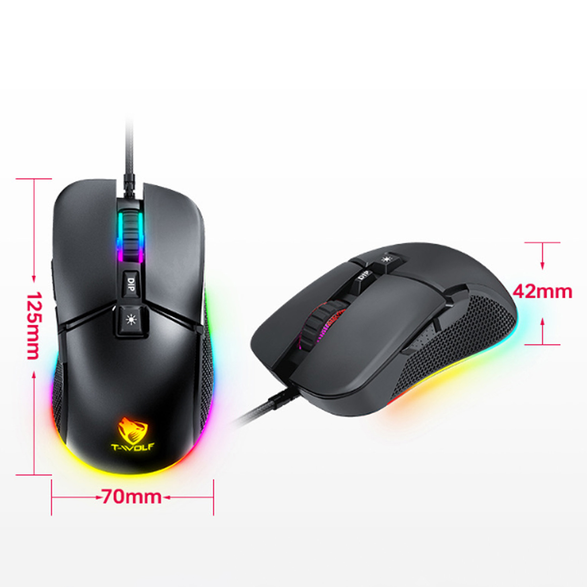 Schwarze Gaming-Maus mit Abmessungen. Die Maus hat ein Logo und LED-Lichter an der Seite.