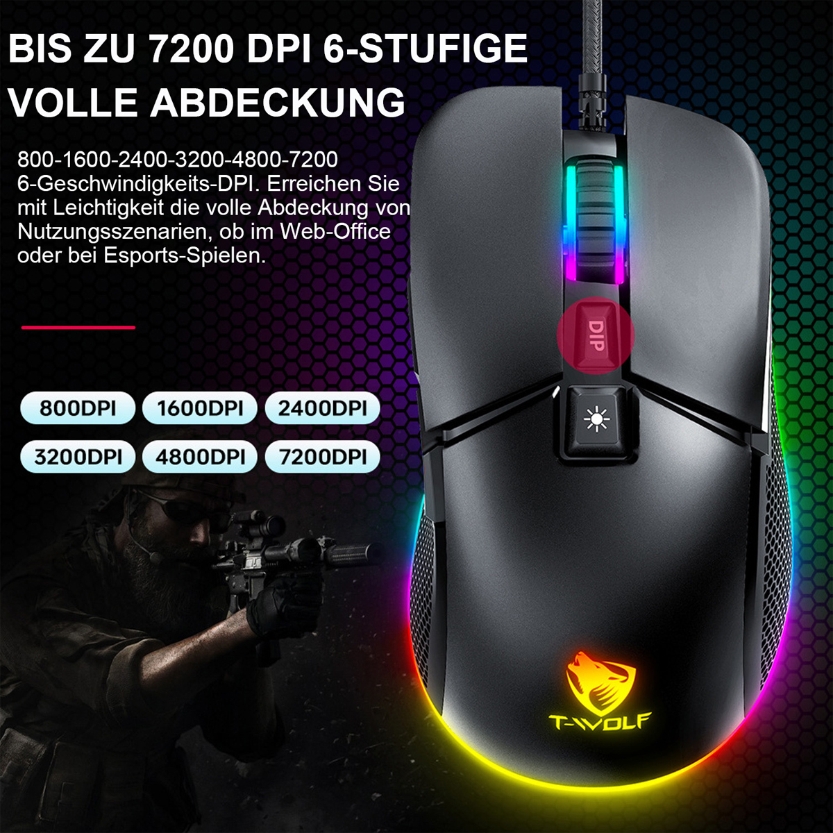 Eine schwarze Gaming-Maus mit Lichtern und Tasten, mit Text über DPI-Einstellungen.