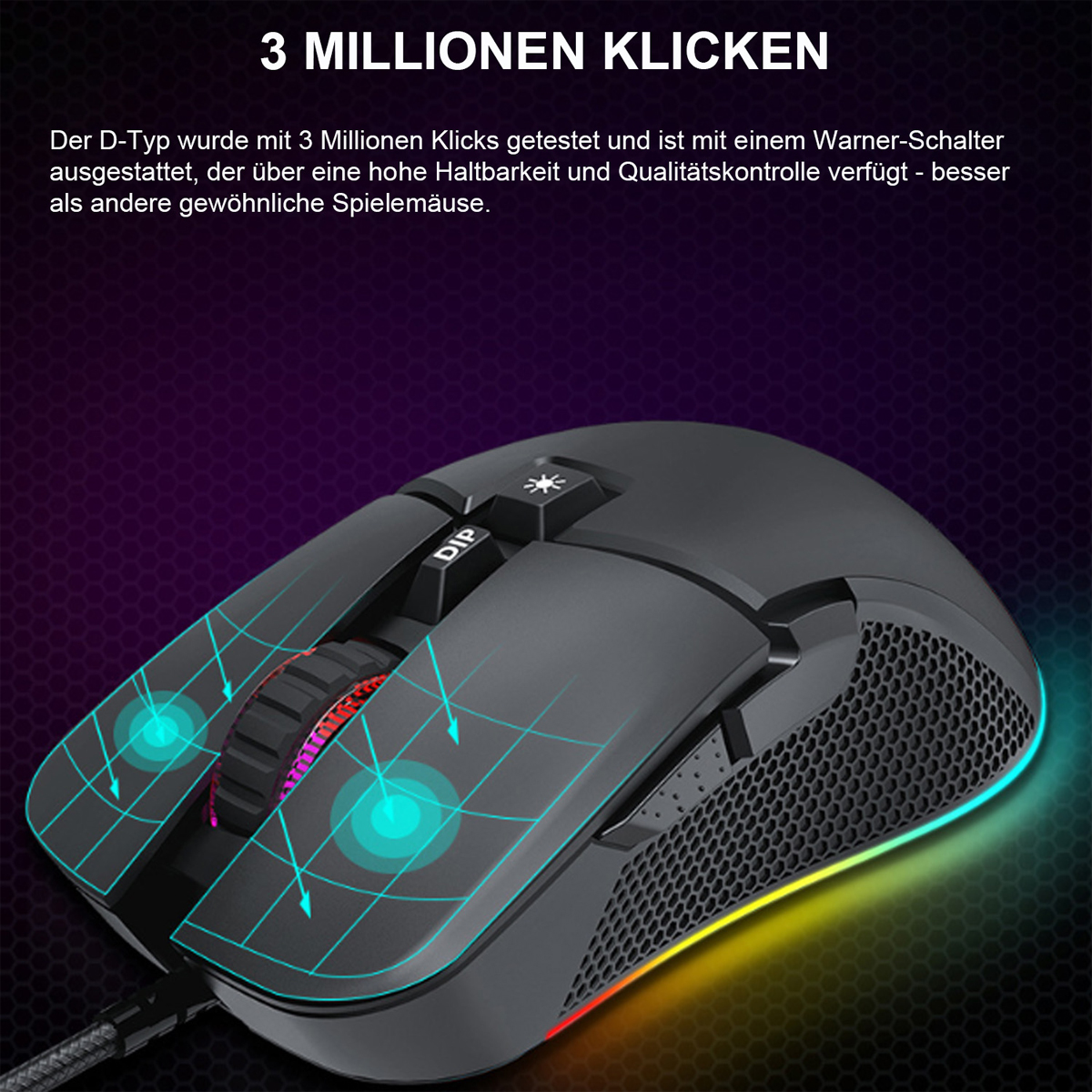 Schwarze Gaming-Maus mit bunten Lichtern und mehreren Tasten.
