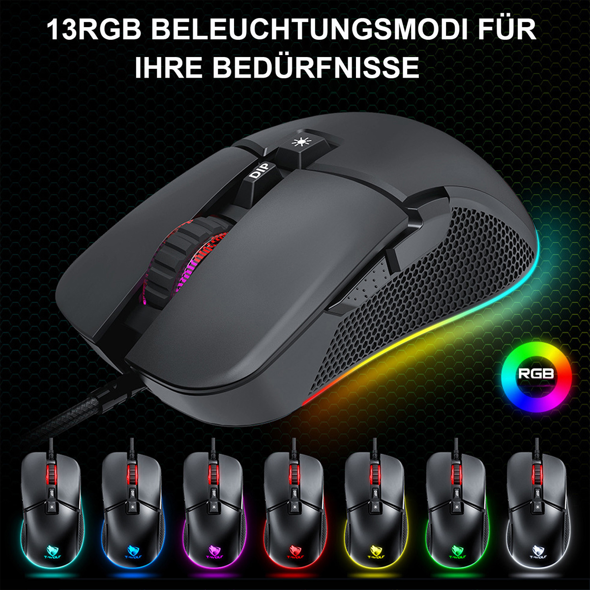 Schwarze Gaming-Maus mit RGB-Beleuchtung, DPI-Taste und verschiedenen Farboptionen.
